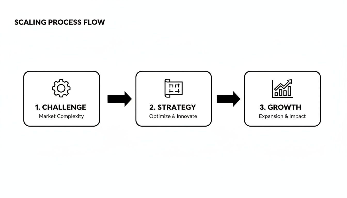 A three-step scaling process flow diagram: Challenge, Strategy, and Growth stages.