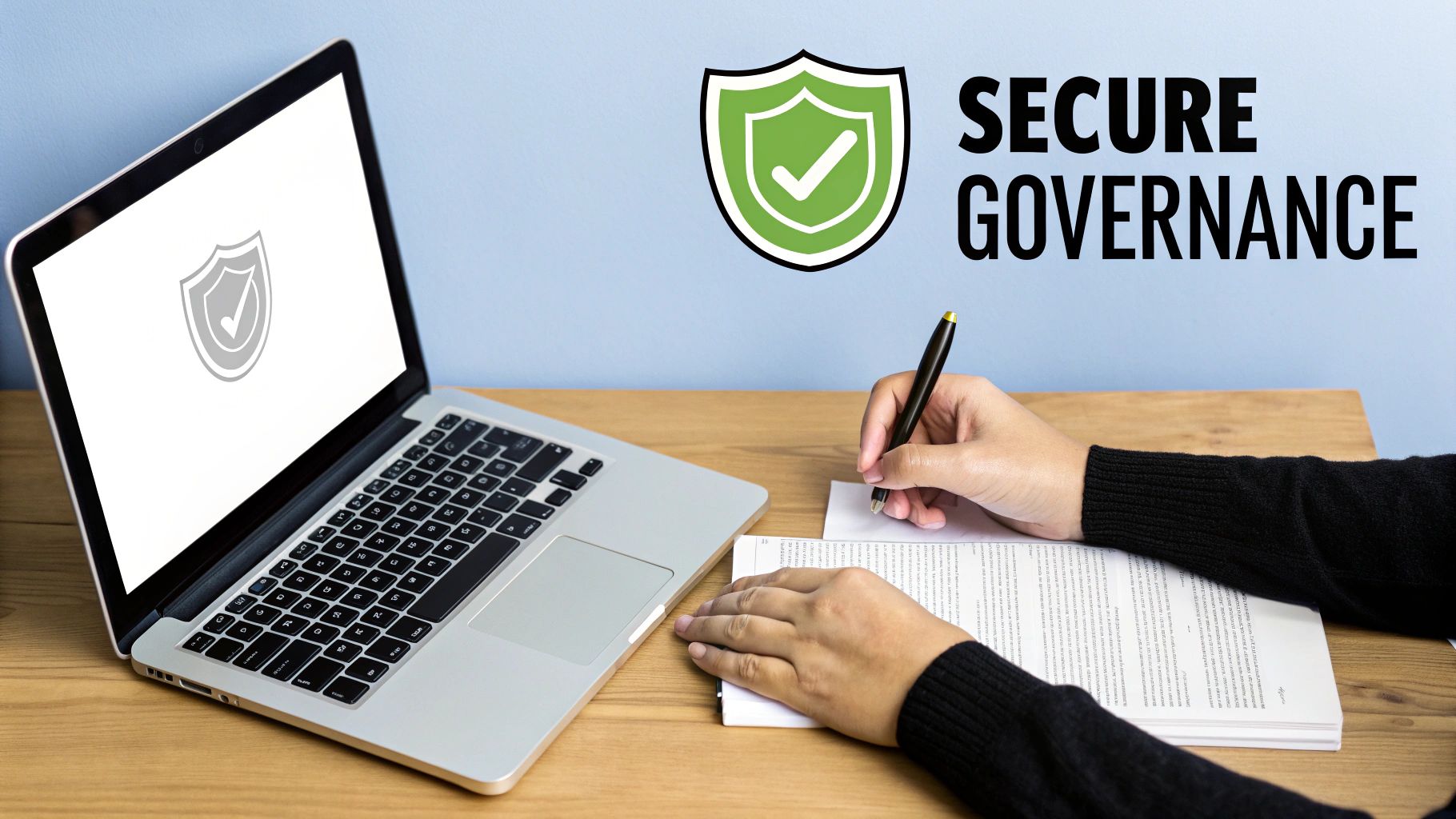 Person writing on paper next to laptop displaying security shield, with 'SECURE GOVERNANCE' text.