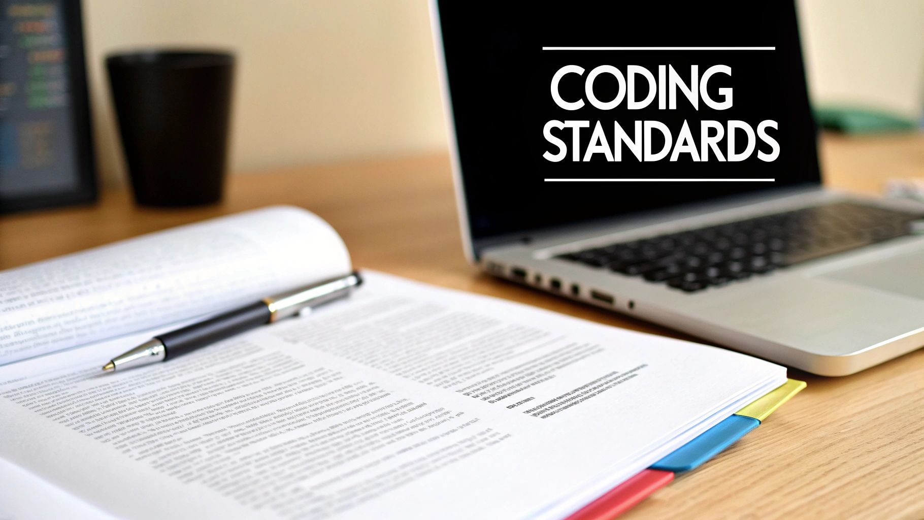 A desk with a laptop displaying 'Coding Standards', an open document, and a pen, symbolizing software development.