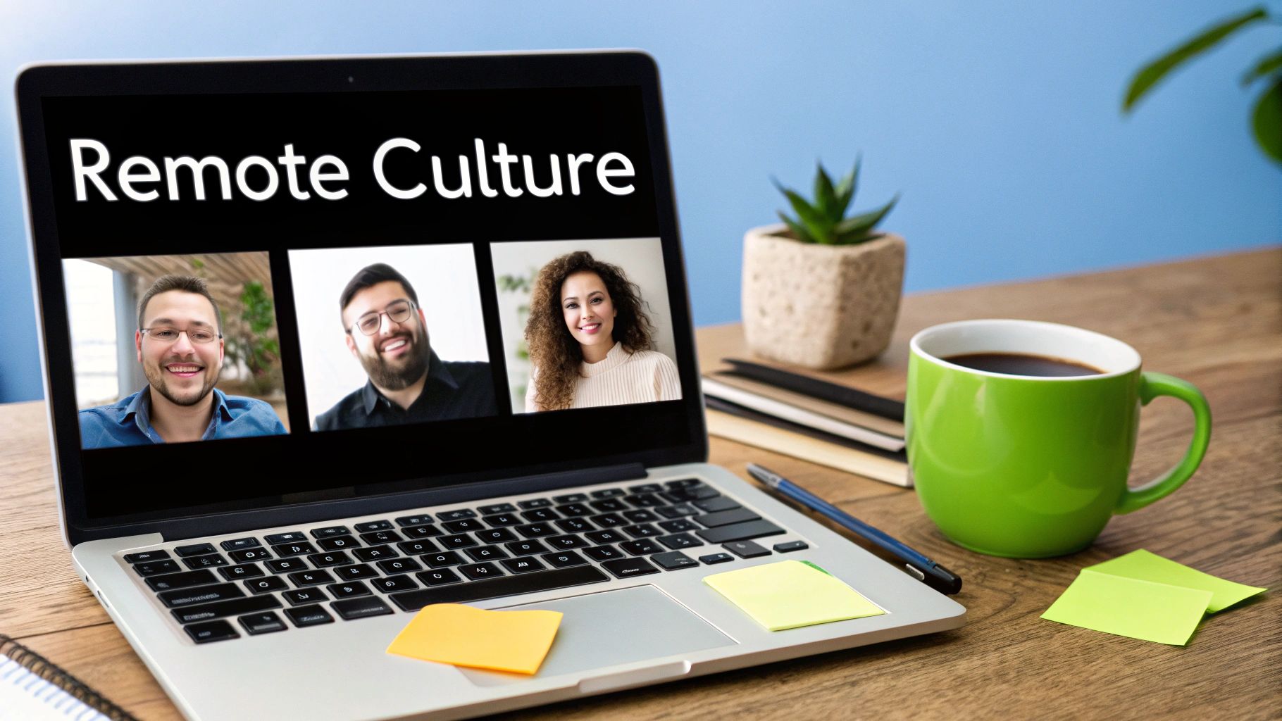A laptop on a wooden desk showing a video call with three smiling people and 'Remote Culture' text.