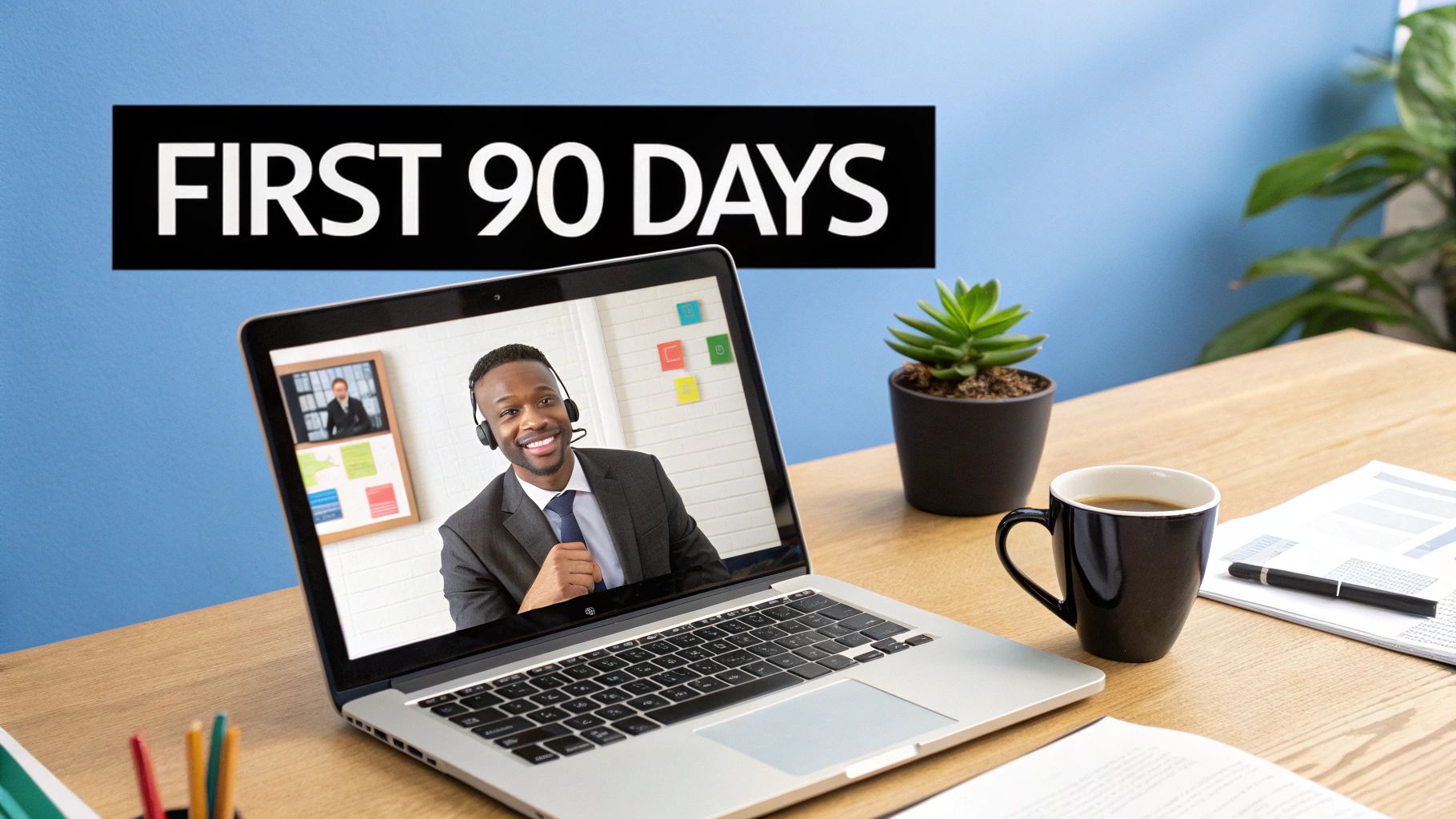 A smiling man on a video call, laptop on a desk with 'FIRST 90 DAYS' banner.
