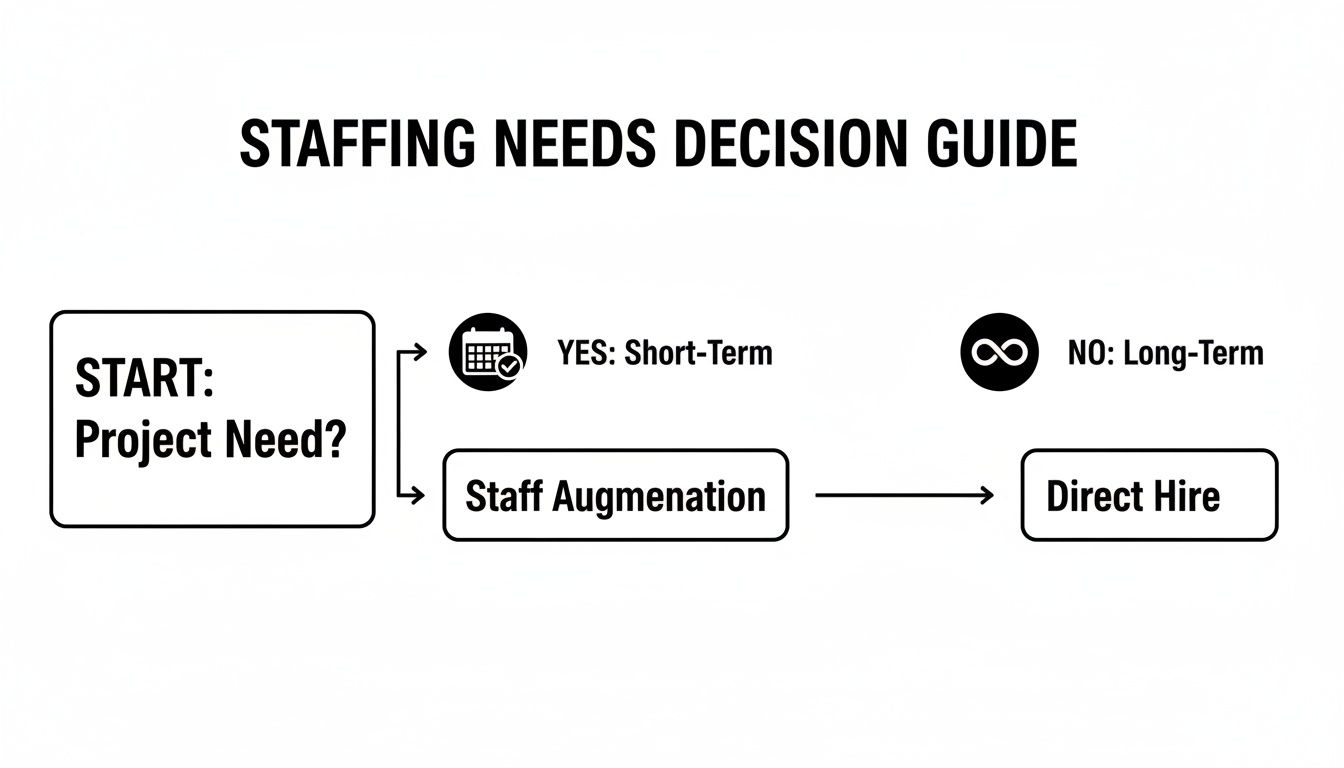 Flowchart illustrating a staffing needs decision guide: short-term project leads to staff augmentation, long-term to direct hire.