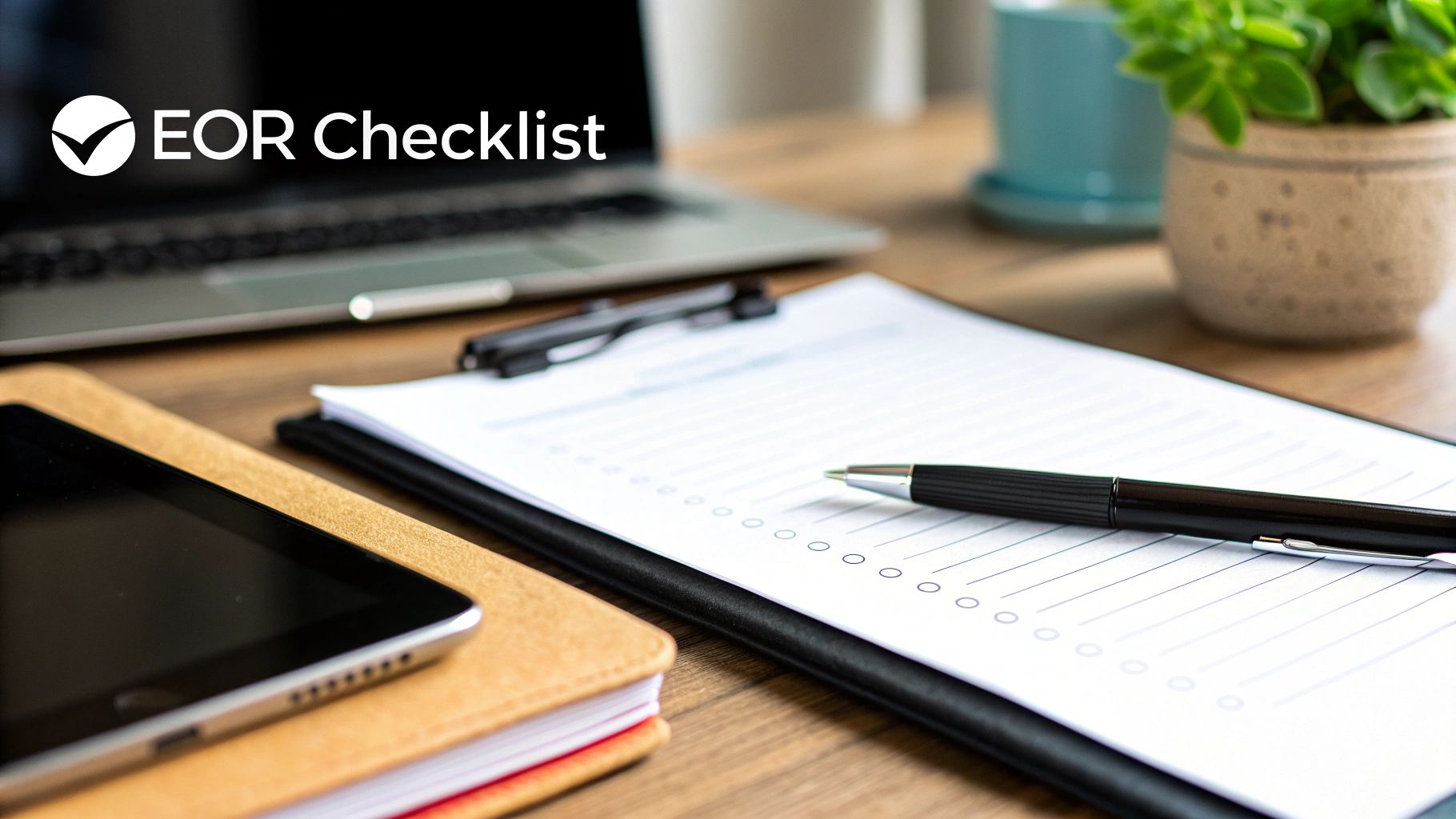 A desk setup with a laptop, tablet, a checklist on a clipboard, and a pen, featuring EOR Checklist text.