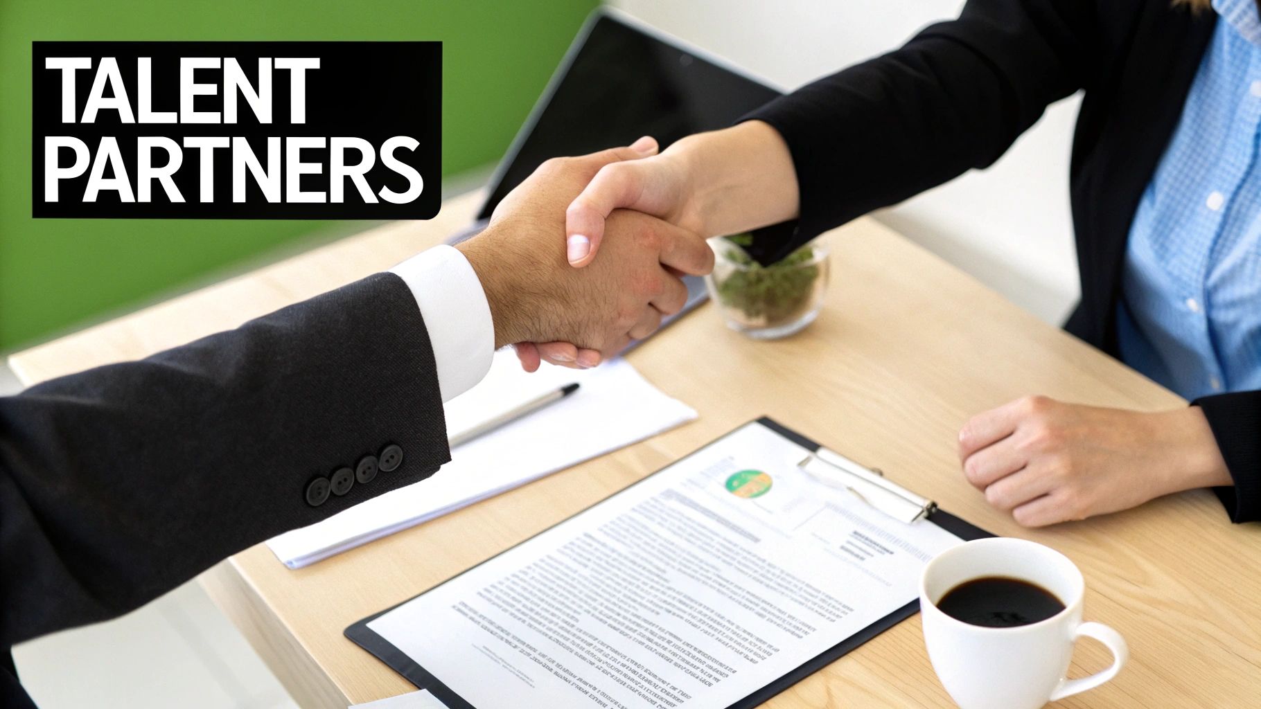 Two professionals shaking hands over a desk with documents and coffee, with &#39;TALENT PARTNERS&#39; overlay.
