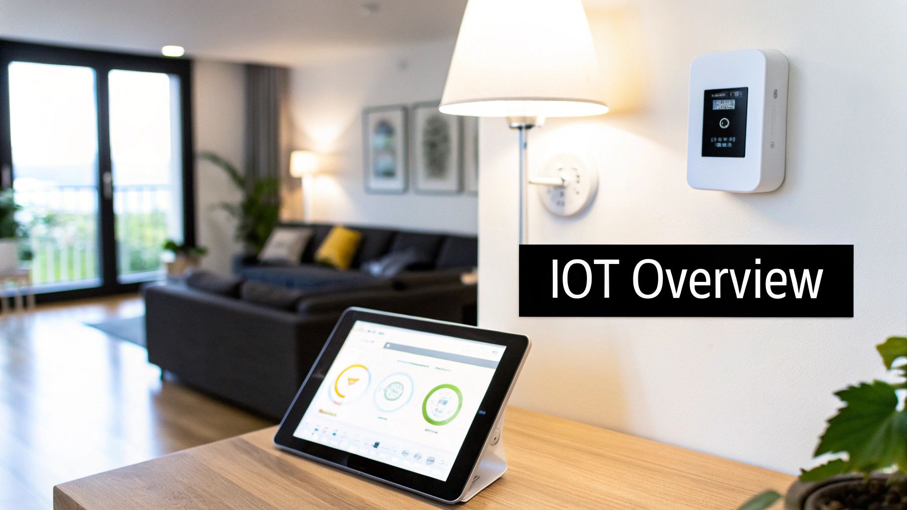 A modern smart home interior with a tablet displaying an IoT application and a wall-mounted device.