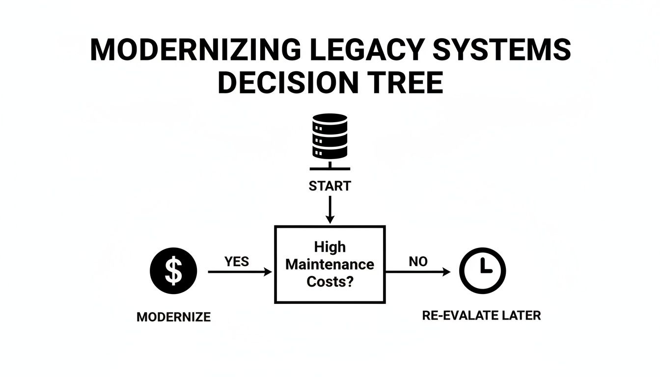 Decision tree flowchart showing whether to modernize legacy systems based on high maintenance costs.