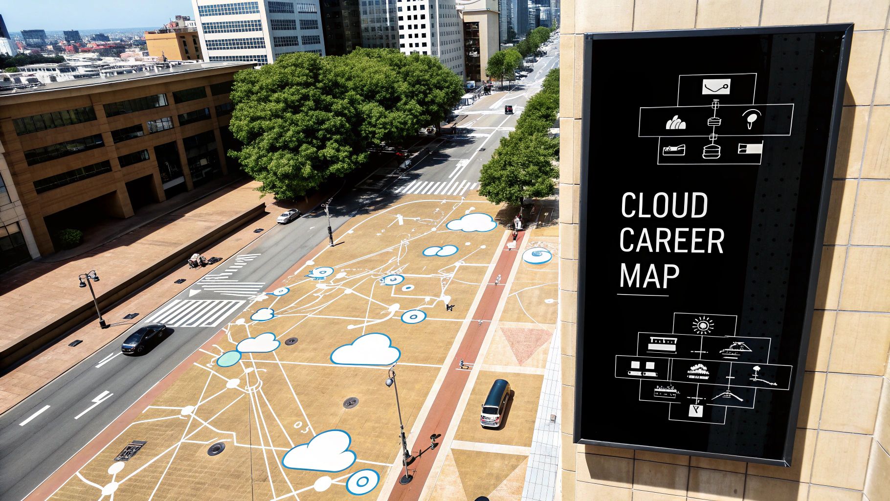 Aerial view of a city plaza with cloud network map and a 'Cloud Career Map' sign on a building.