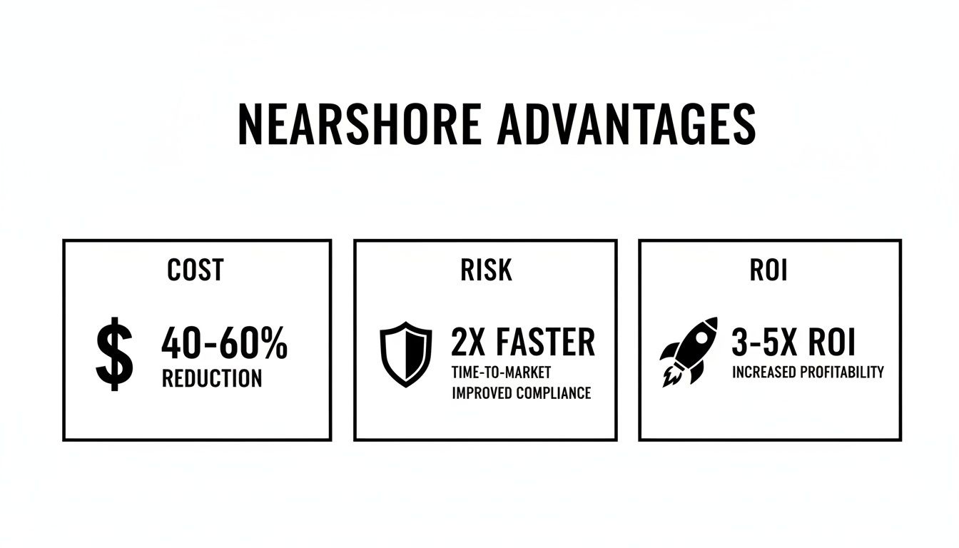 Diagram showing Nearshore Advantages: 40-60% cost reduction, 2X faster time-to-market, and 3-5X ROI.