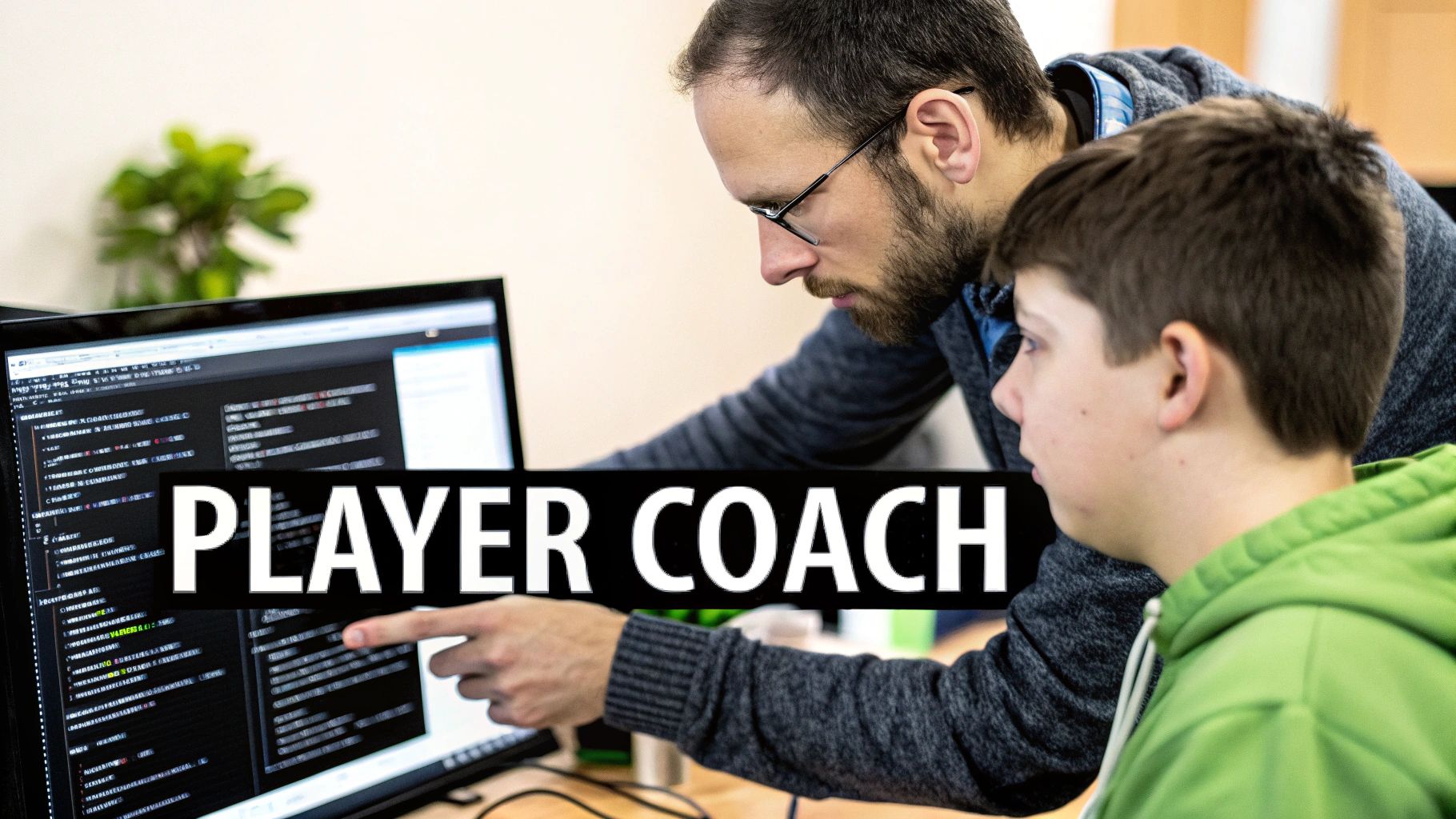 A team lead mentoring a developer, with code on the screen, symbolizing technical guidance.