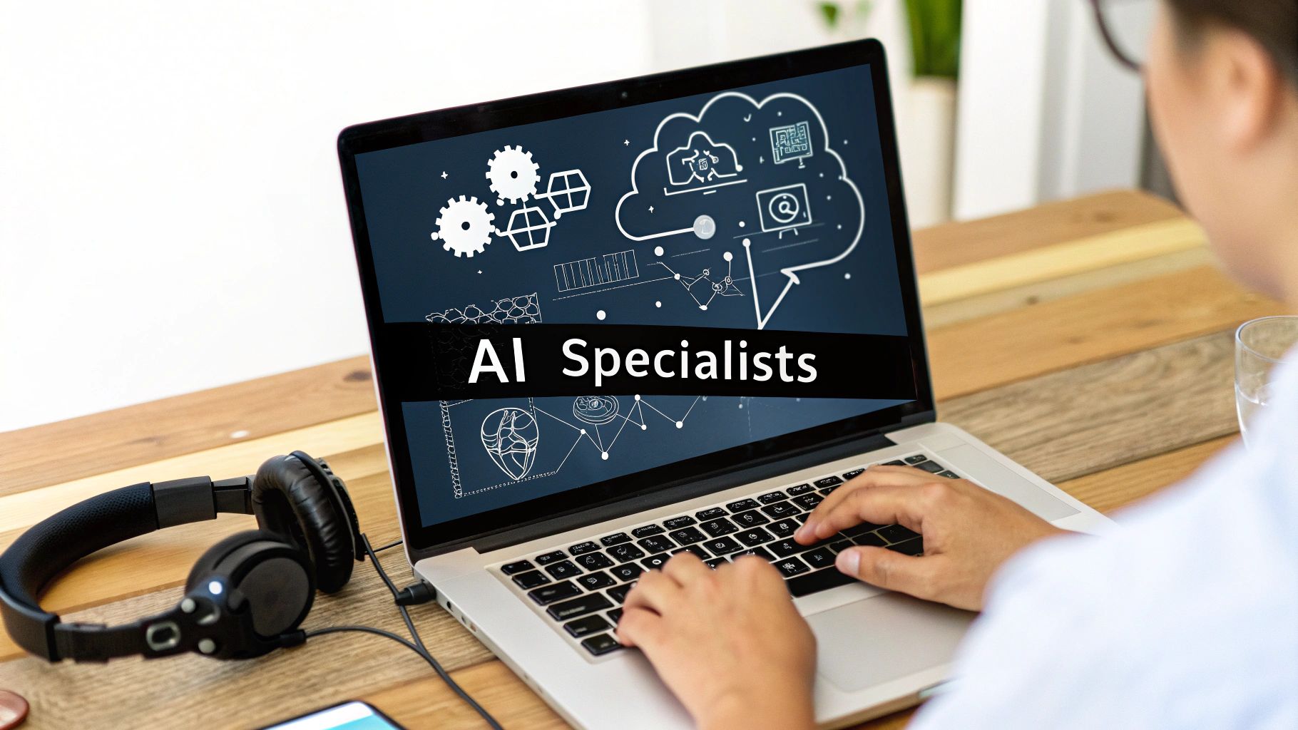 A person types on a laptop displaying 'AI Specialists' and technology icons, with headphones nearby.