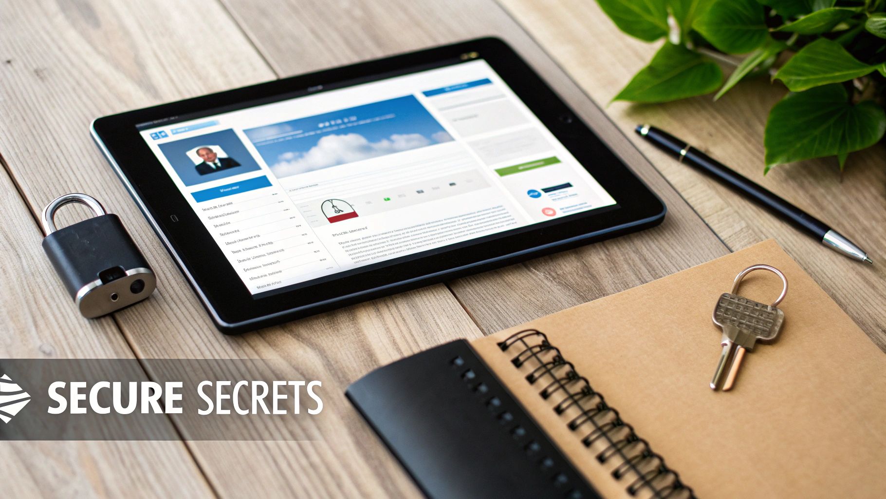A tablet displaying a secure website, a padlock, and a key on a wooden desk.