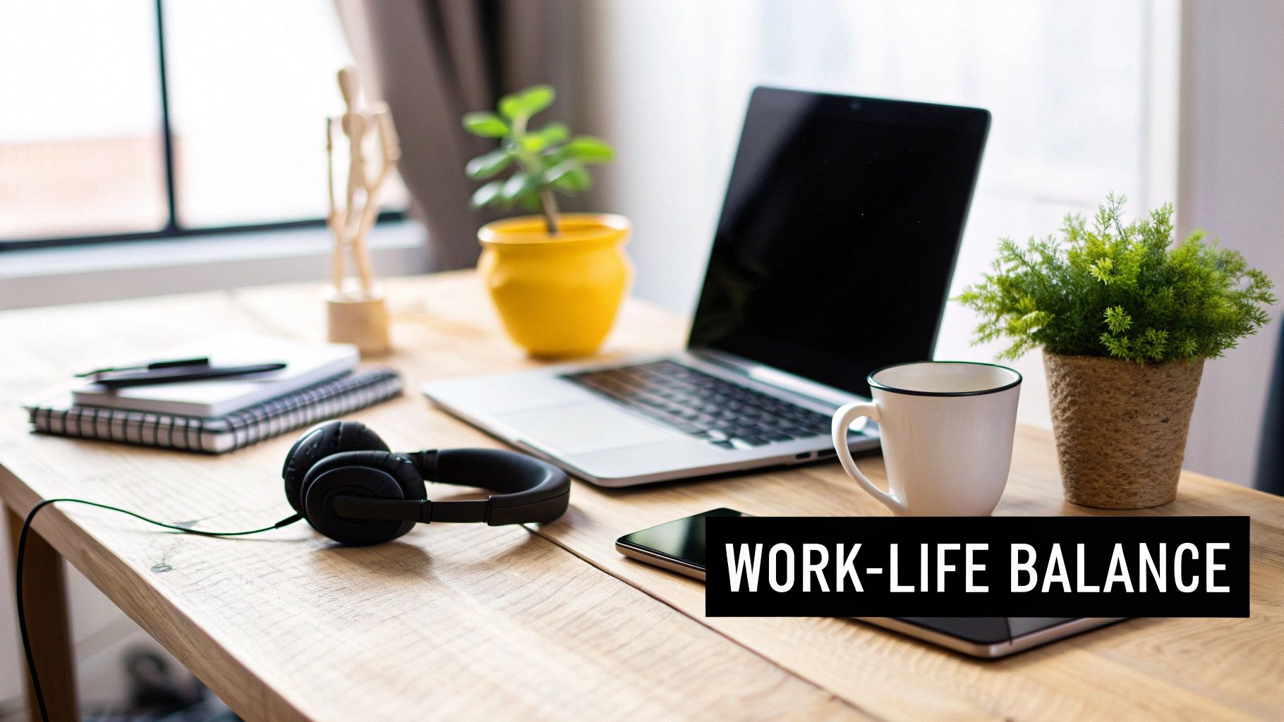 A tidy home office desk with a laptop, headphones, coffee, plants, and notebooks, emphasizing work-life balance.