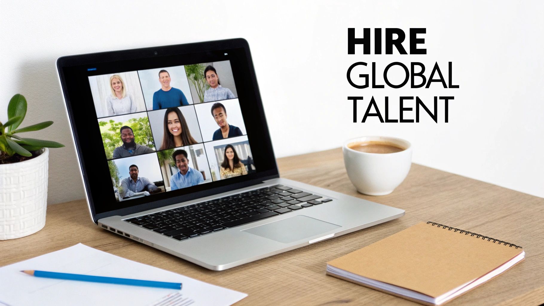 A laptop on a wooden desk showing a video conference with diverse people, next to a coffee cup and text 'HIRE GLOBAL TALENT'.