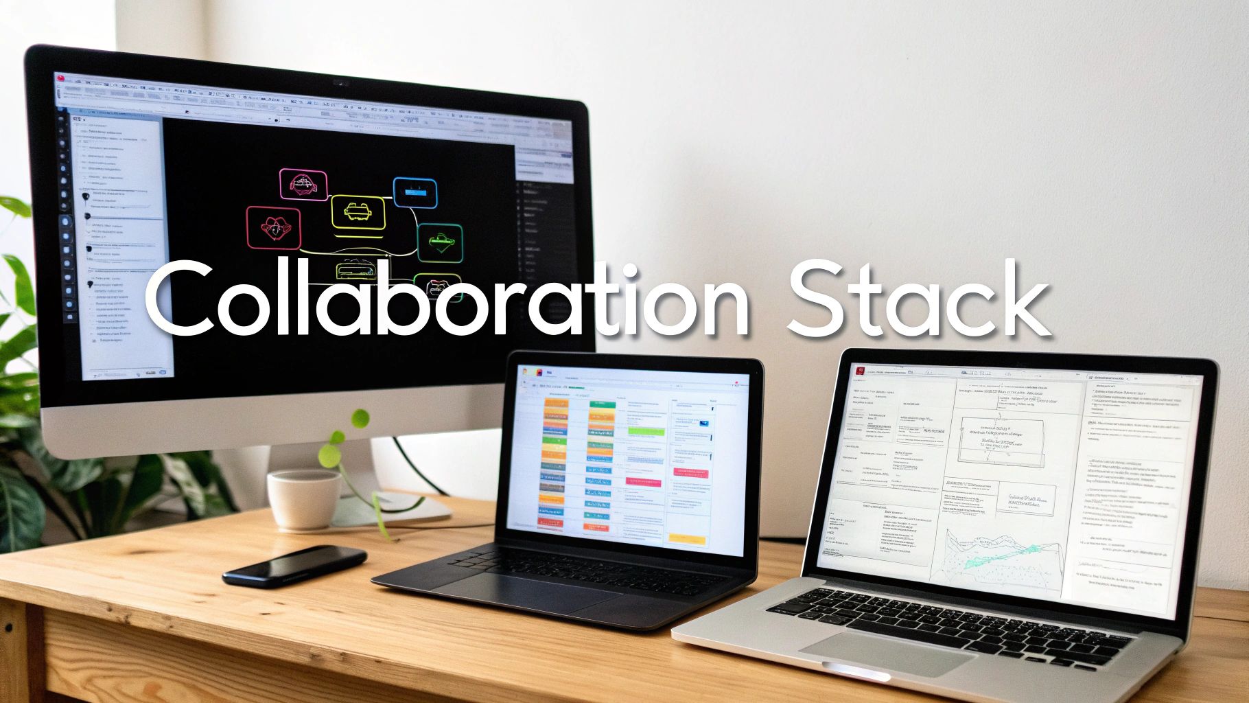 A modern digital workspace featuring a desktop, two laptops, a smartphone, and a coffee cup on a wooden desk.