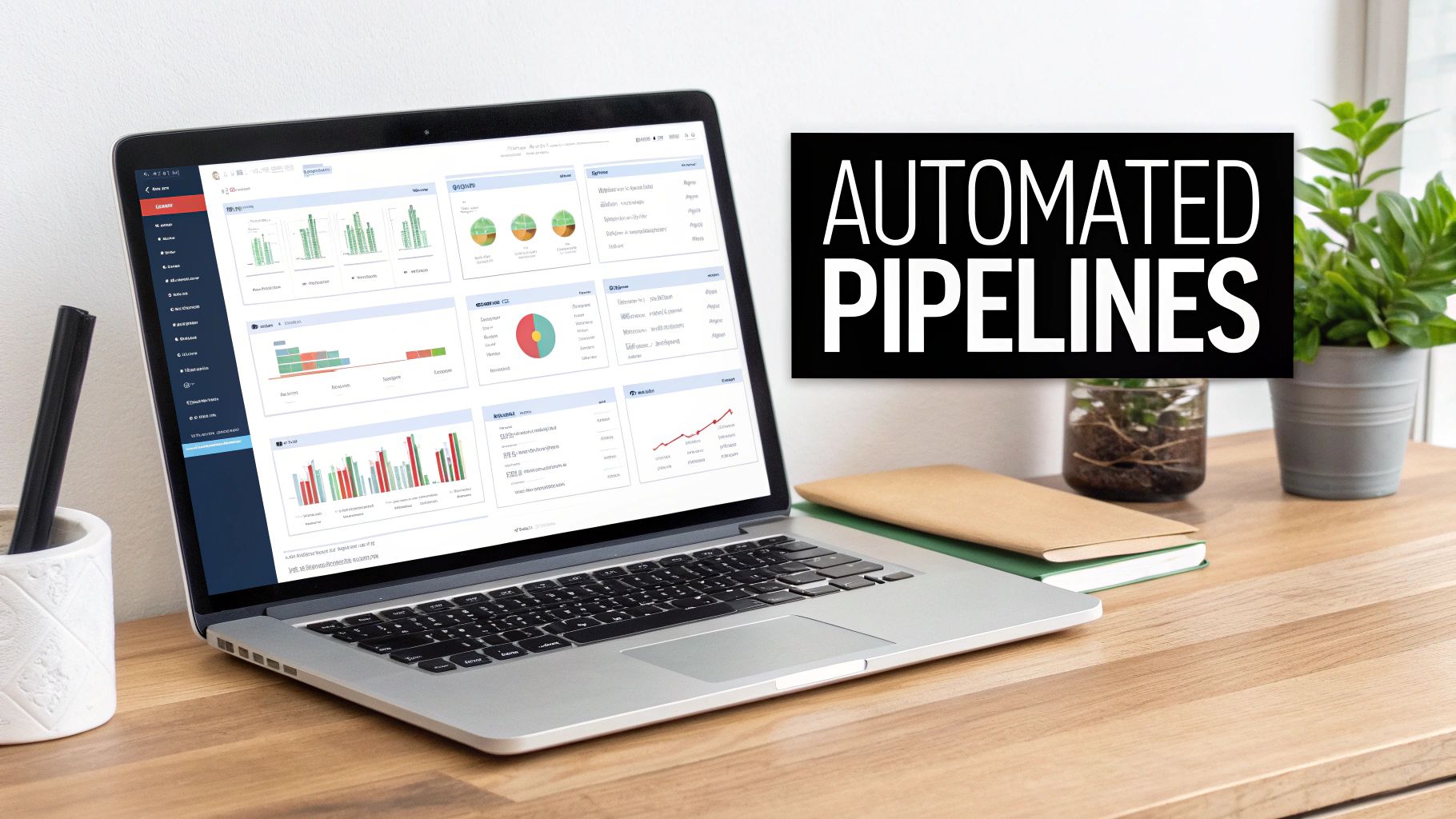 A laptop displays data dashboards and charts next to a sign saying &quot;AUTOMATED PIPELINES&quot; on a wooden desk.