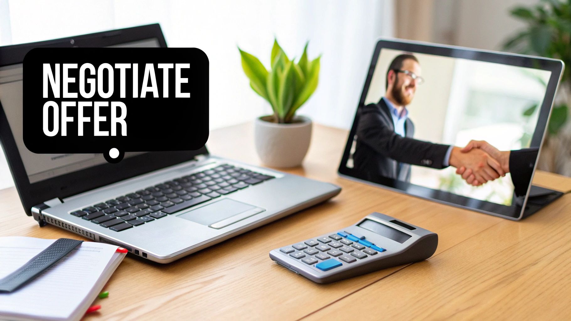 A desk setup for remote offer negotiation, featuring laptops, a calculator, and a virtual handshake.