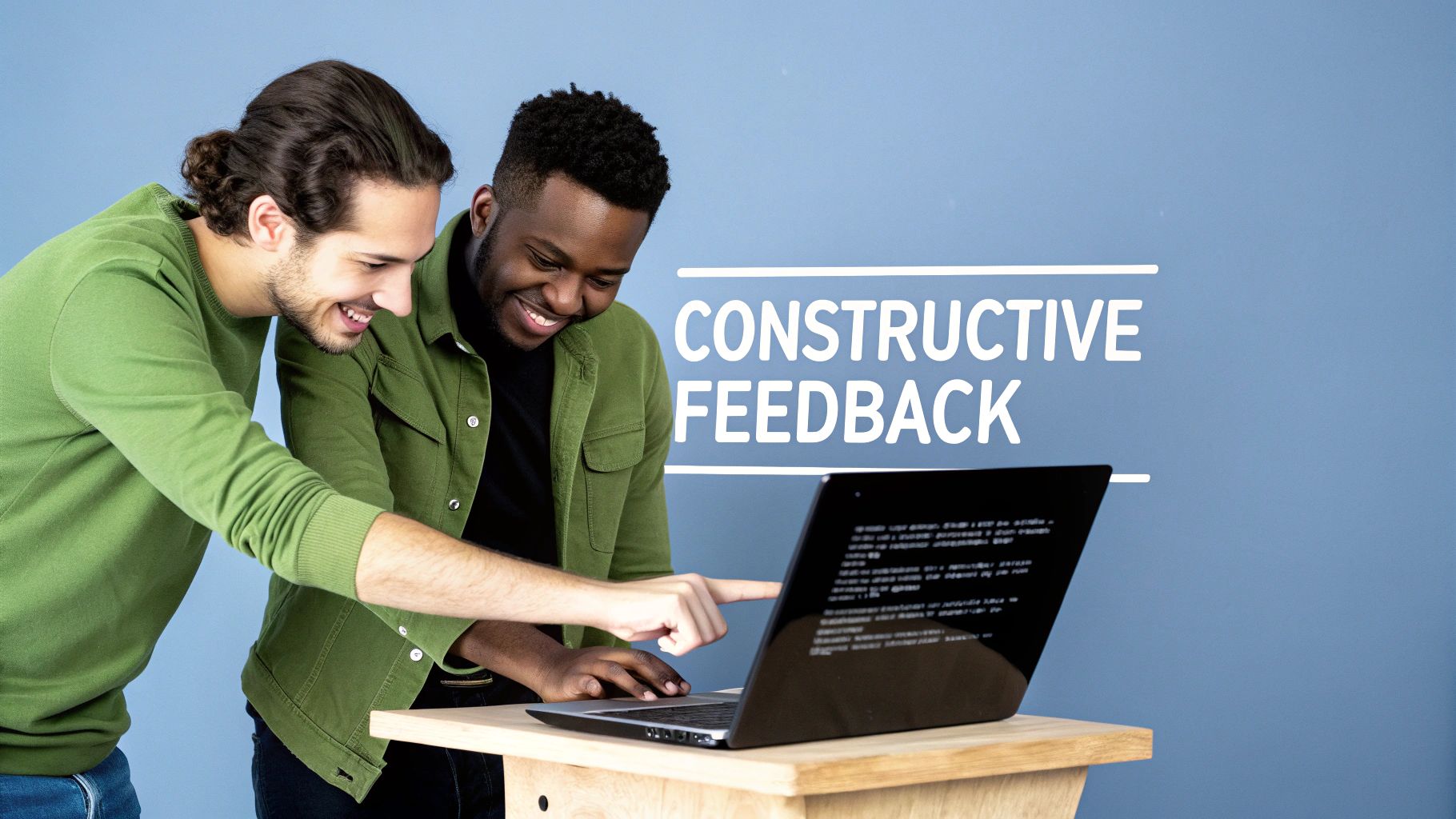 Two smiling men collaborate on a laptop, pointing at the screen, with 'Constructive Feedback' text.