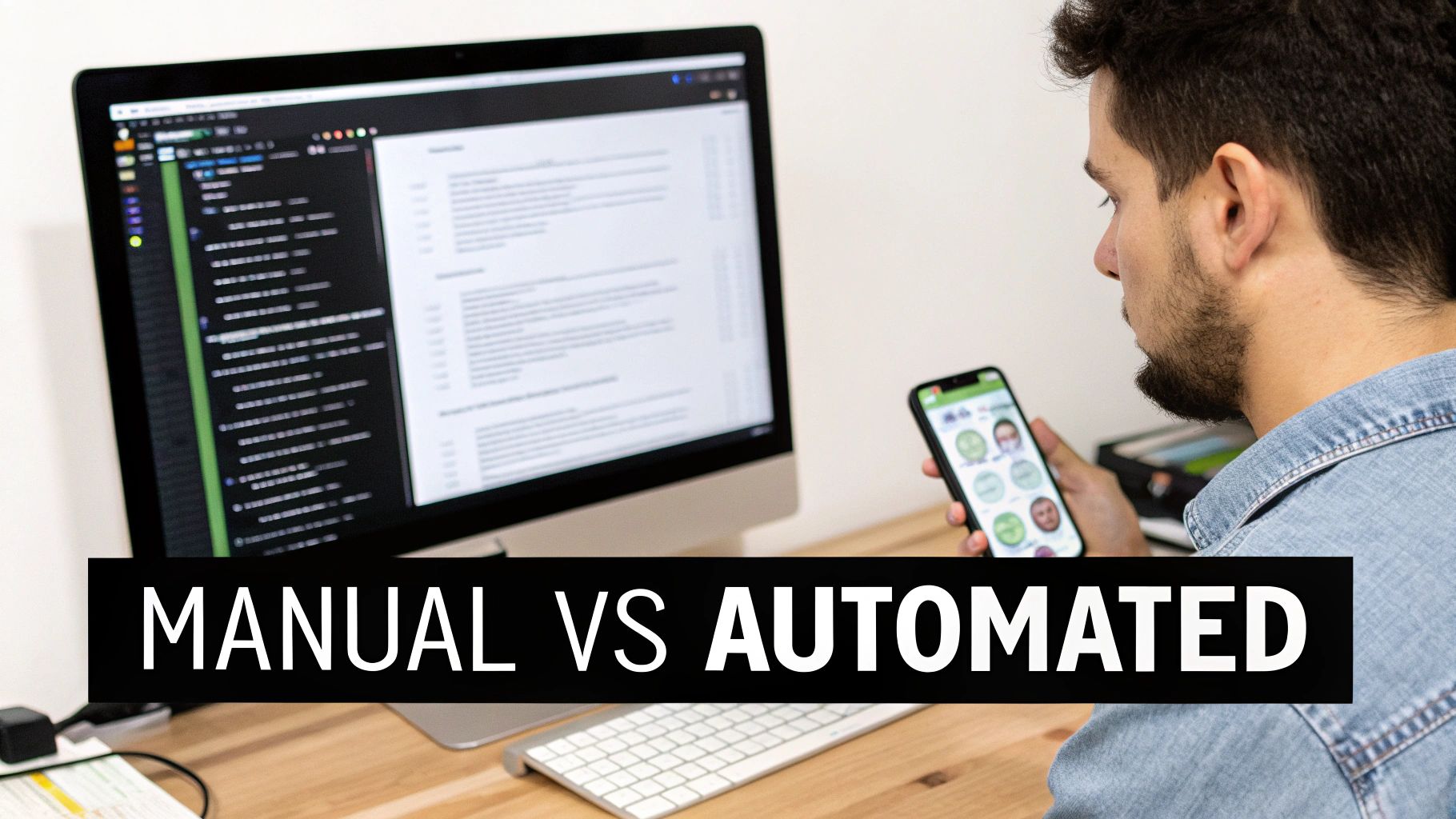 A man holds a smartphone displaying various profiles, with a computer showing code and documents in the background, overlaid with text 'MANUAL VS AUTOMATED'.
