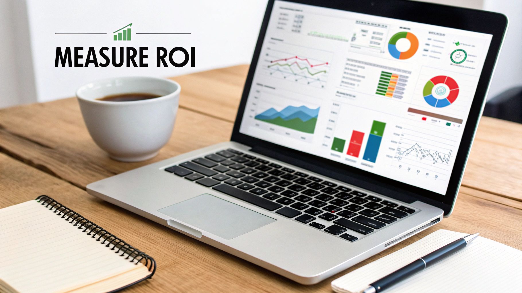 Laptop displaying ROI analytics, charts, and graphs on a wooden desk with coffee and a notebook.