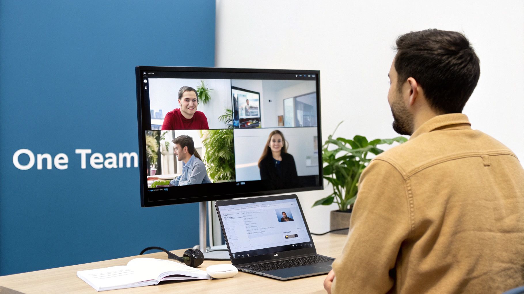 A man views a video conference on a monitor showing four participants, with a laptop and notebook on his desk.
