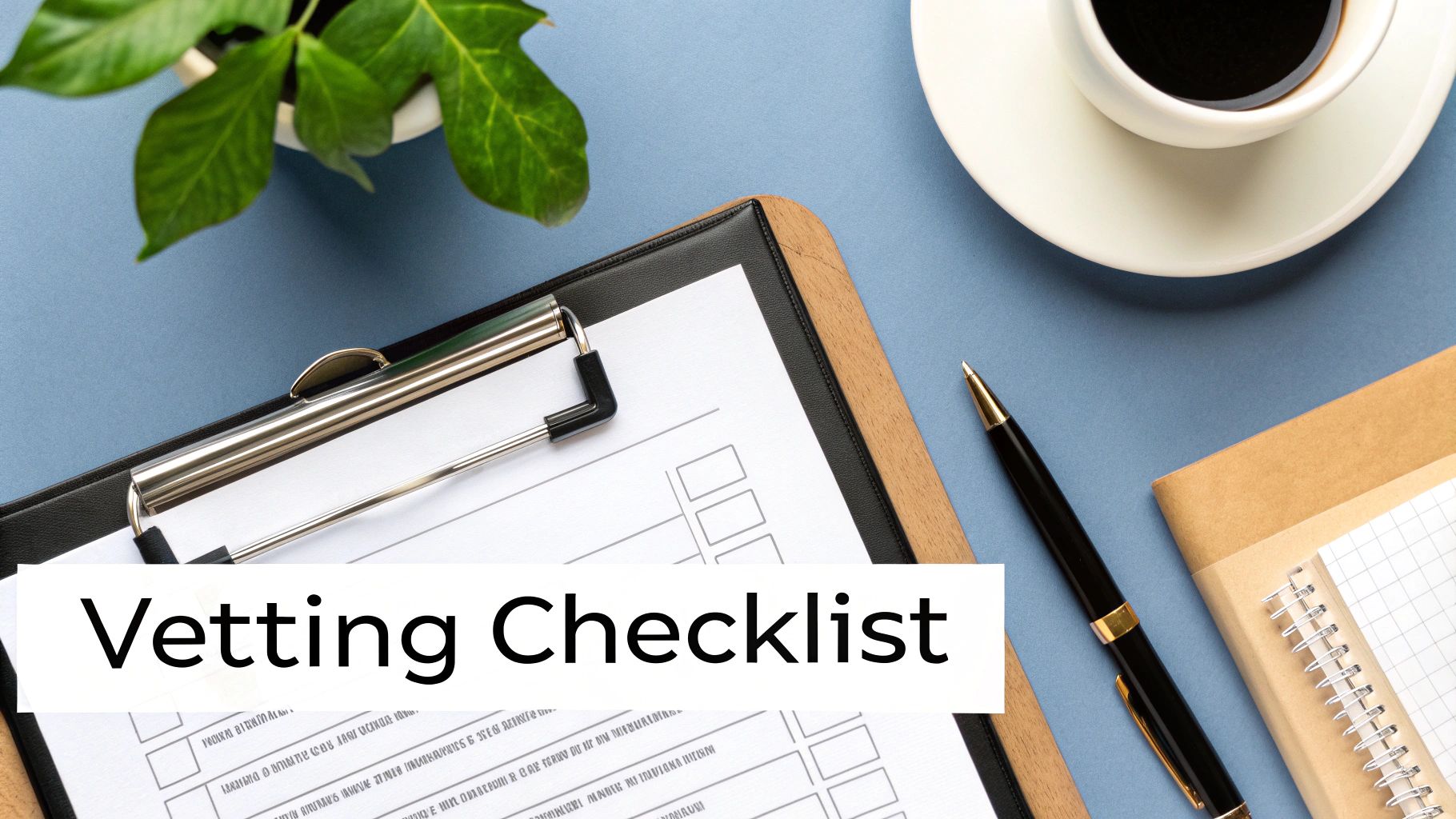 Overhead view of a Vetting Checklist on a clipboard with a pen, coffee, and plant.