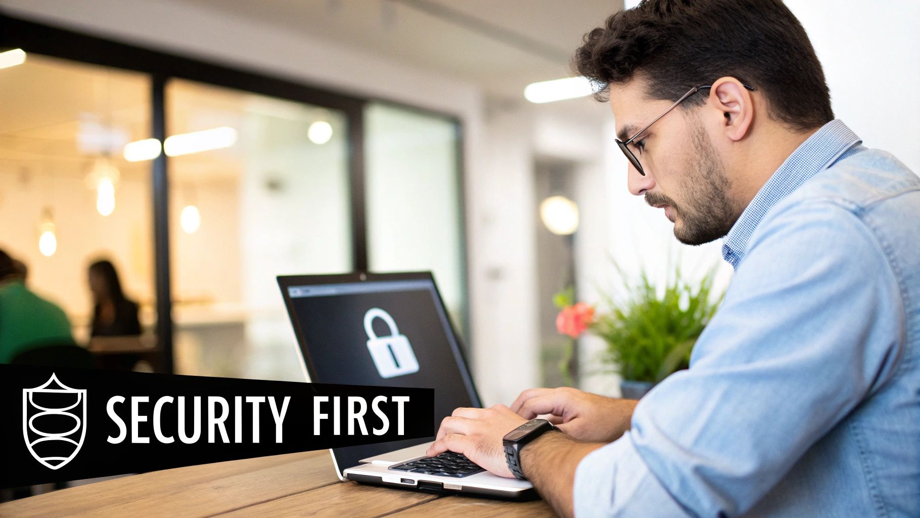 A man in glasses works intently on a laptop displaying a padlock icon, with a 'SECURITY FIRST' banner.