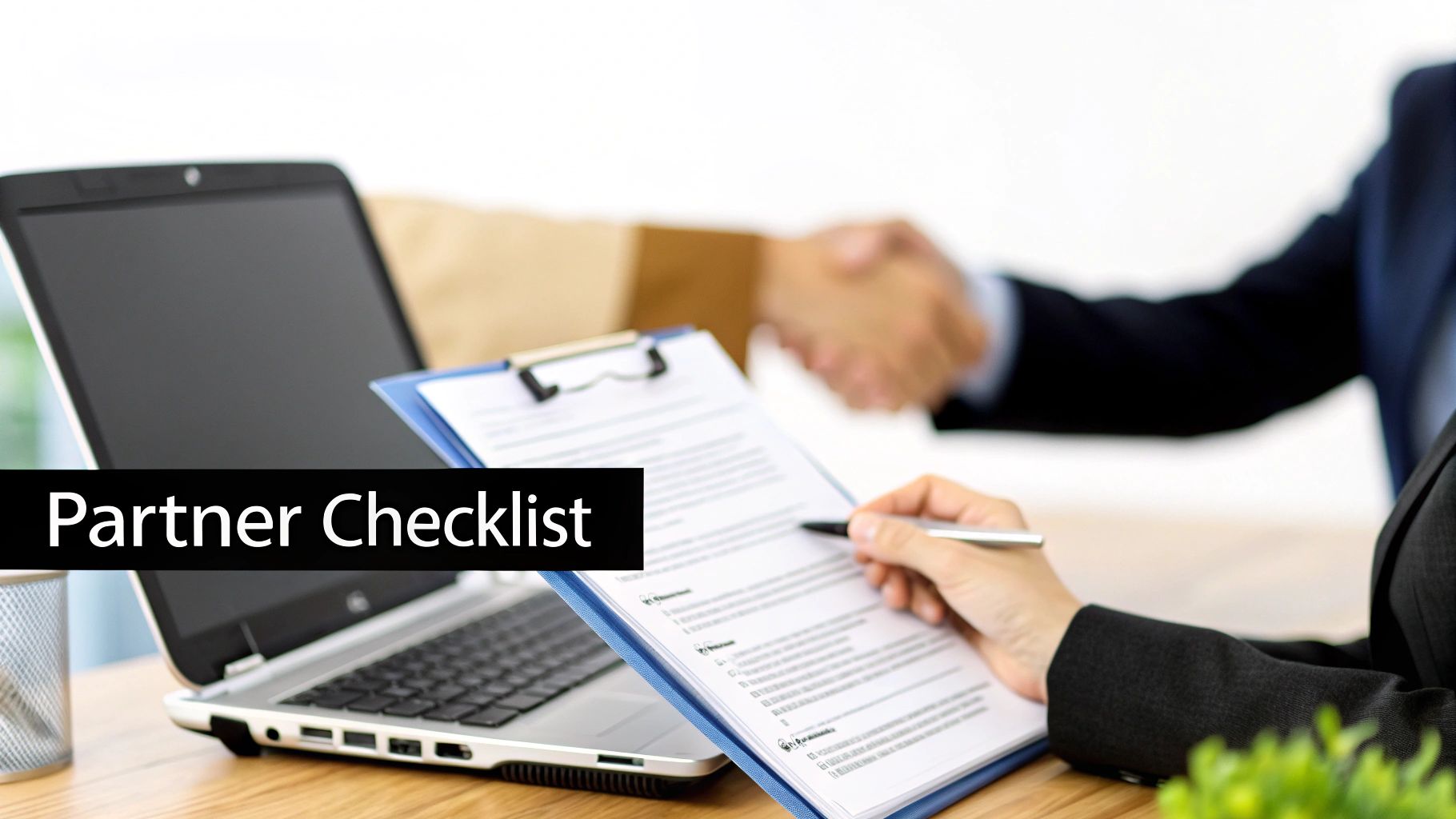 A person reviews a document on a clipboard during a business meeting, with a handshake and laptop in the background.