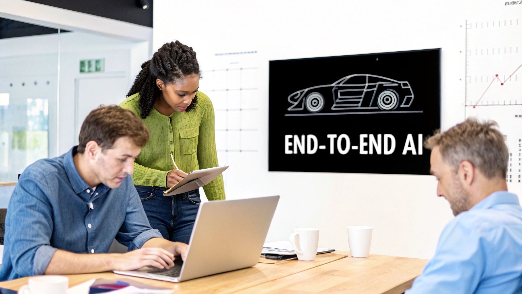 Three professionals collaborating in an office, with 'END-TO-END AI' displayed on a screen.