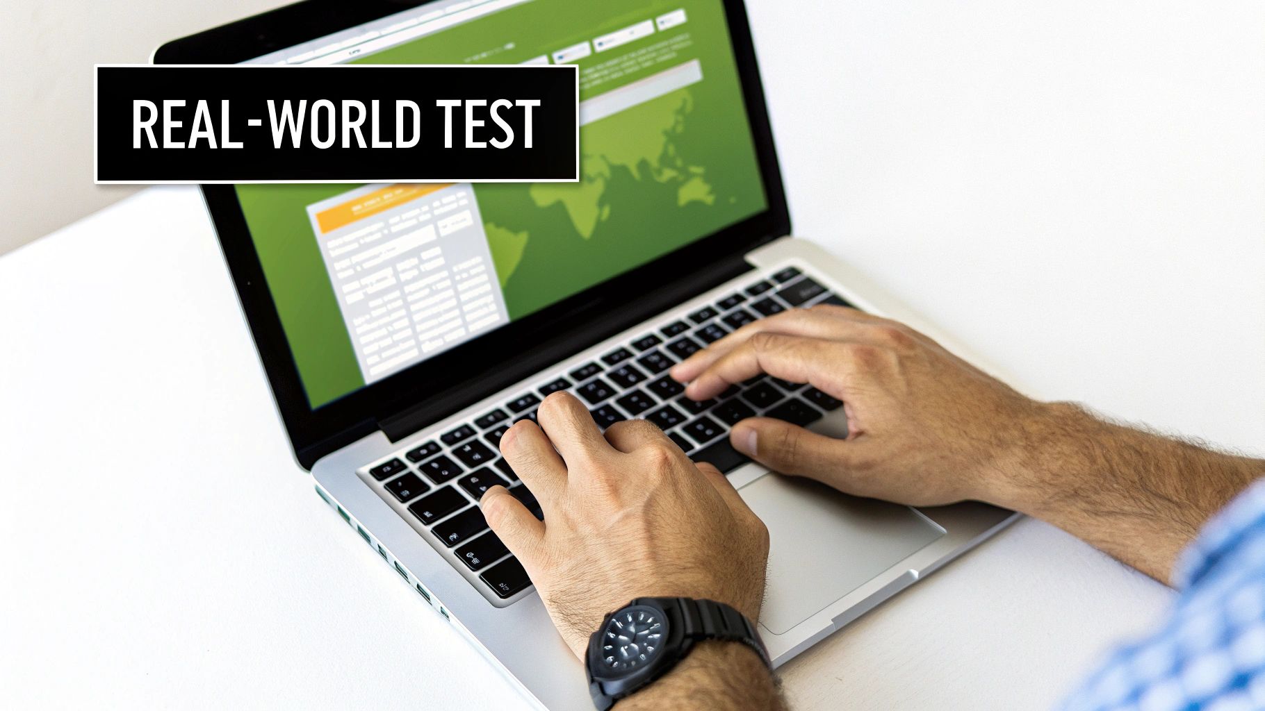 A person's hands typing on a silver laptop, displaying a 'REAL-WORLD TEST' with a world map.