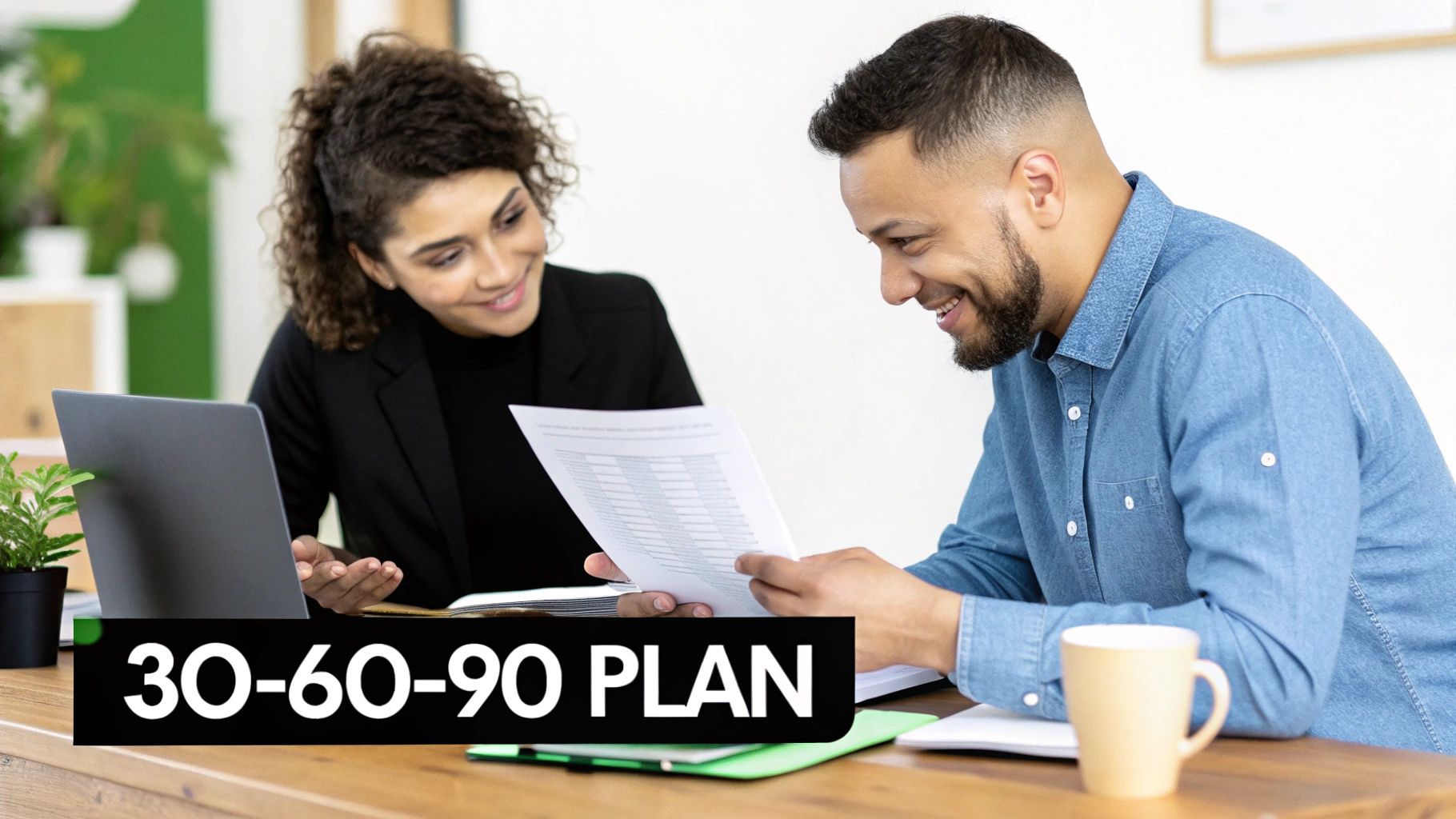 Happy diverse colleagues discussing a 30-60-90 plan, reviewing papers and a laptop in a bright office.