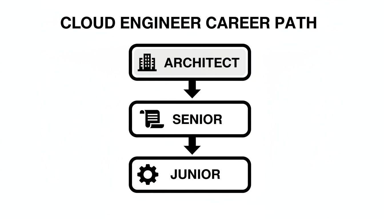 Cloud engineer career path diagram illustrating progression from Architect, Senior, to Junior roles.