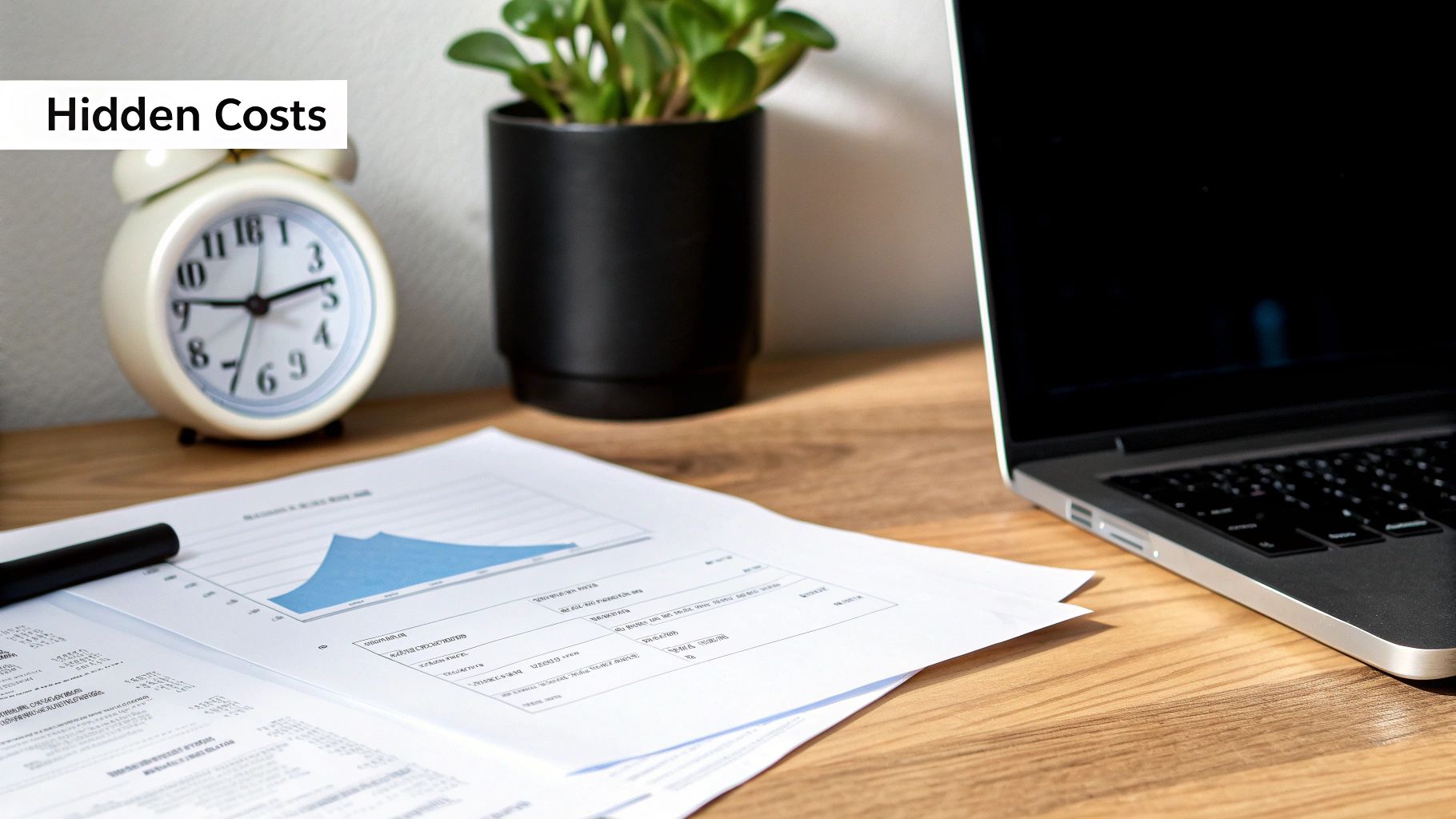 A desk with an alarm clock, plant, laptop, and financial documents displaying a blue chart and text, symbolizing hidden costs.