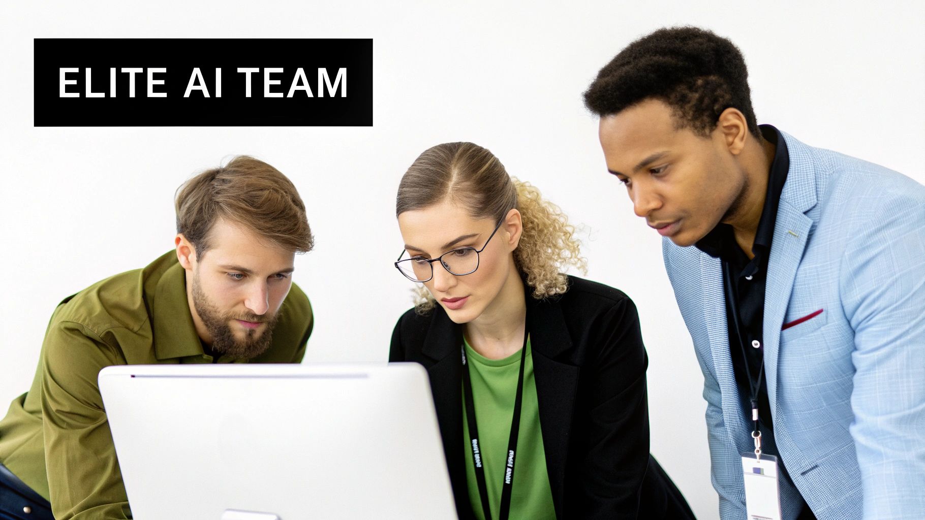 An elite AI team of three diverse professionals collaborating and working together on a laptop.