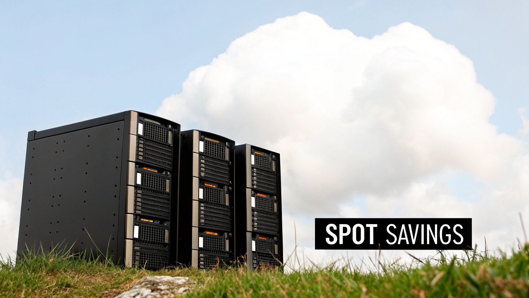 Three large black server racks sit on a grassy hill under a bright cloudy sky with “SPOT SAVINGS” text.