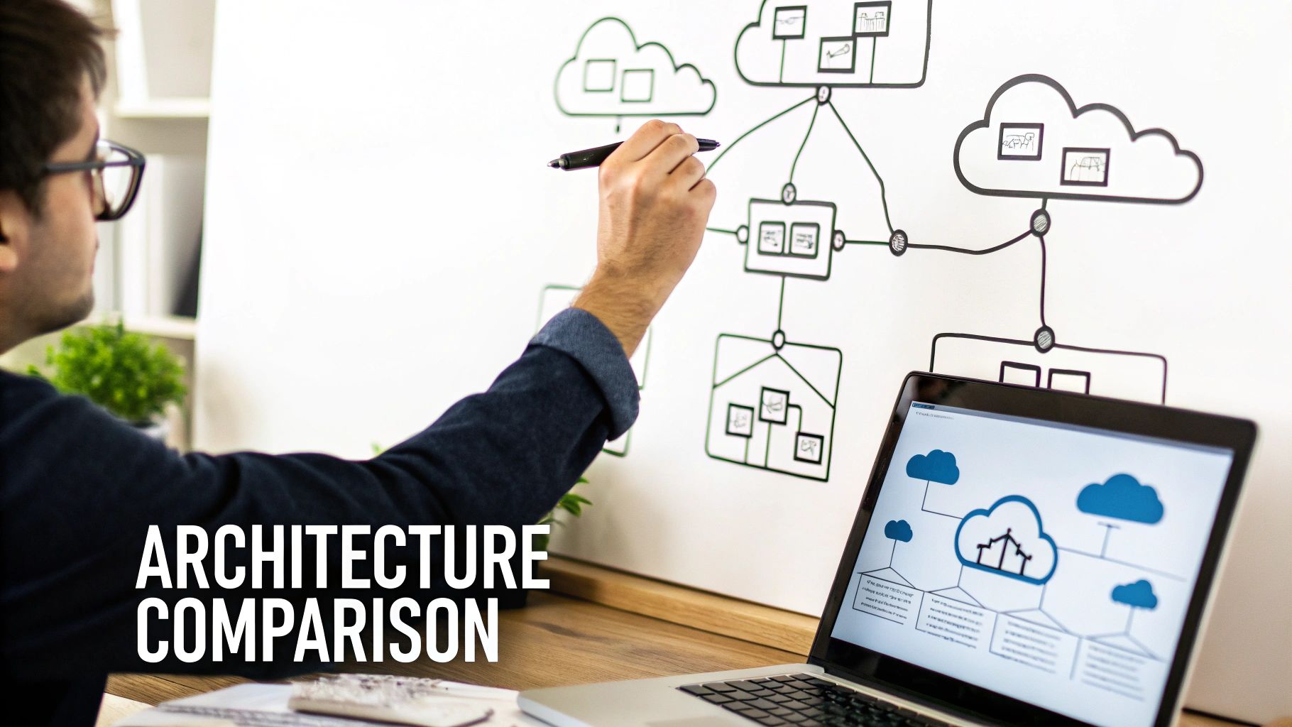 Man sketching complex cloud architecture on a whiteboard while a laptop displays a similar diagram.