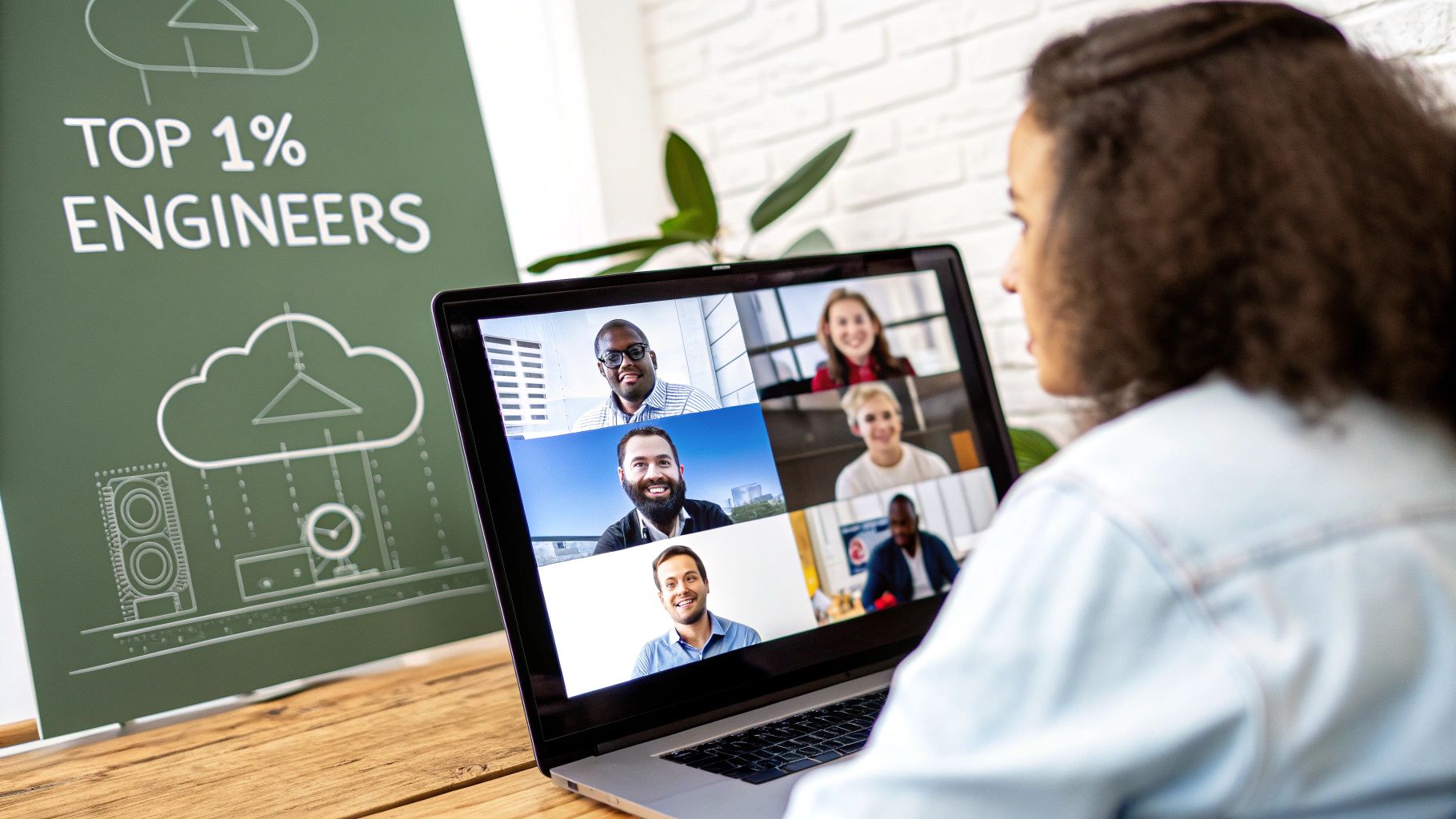Person on a video call with diverse team members, a board says 'TOP 1% ENGINEERS'.