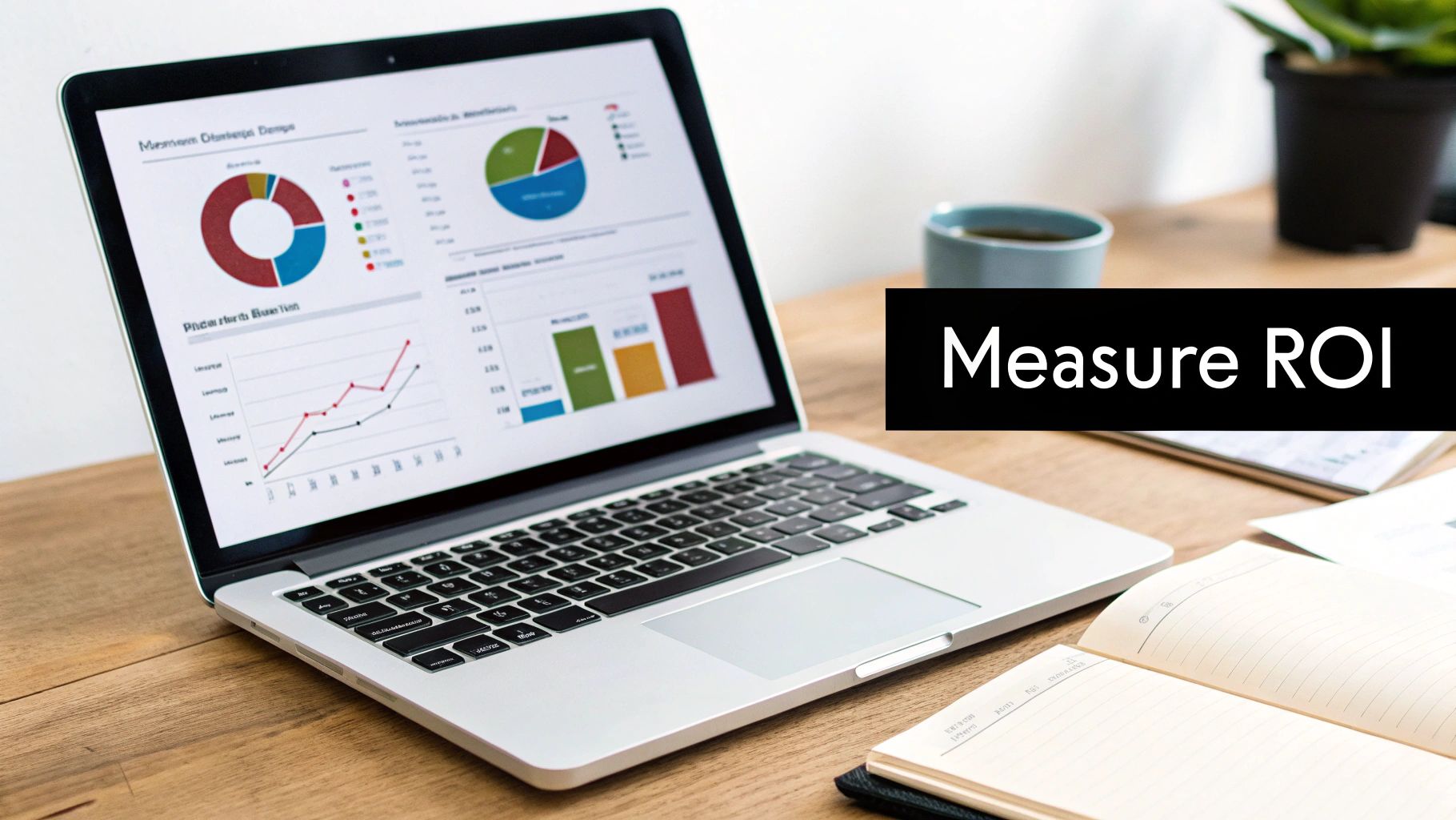 A laptop displaying business analytics charts and graphs with text 'Measure ROI' on a wooden desk.