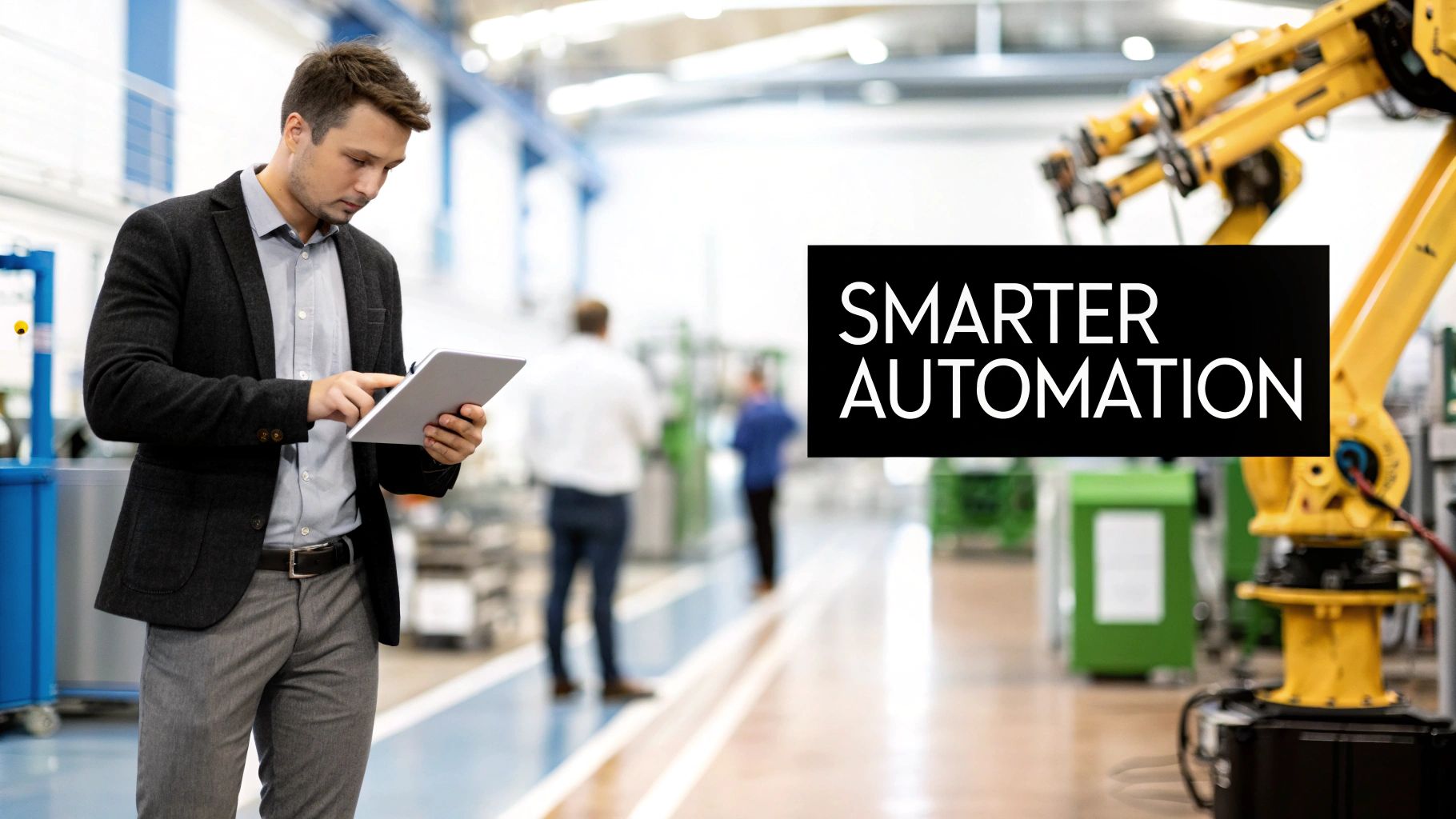 Professional businessman using tablet to monitor industrial robotic arm automation in modern smart factory