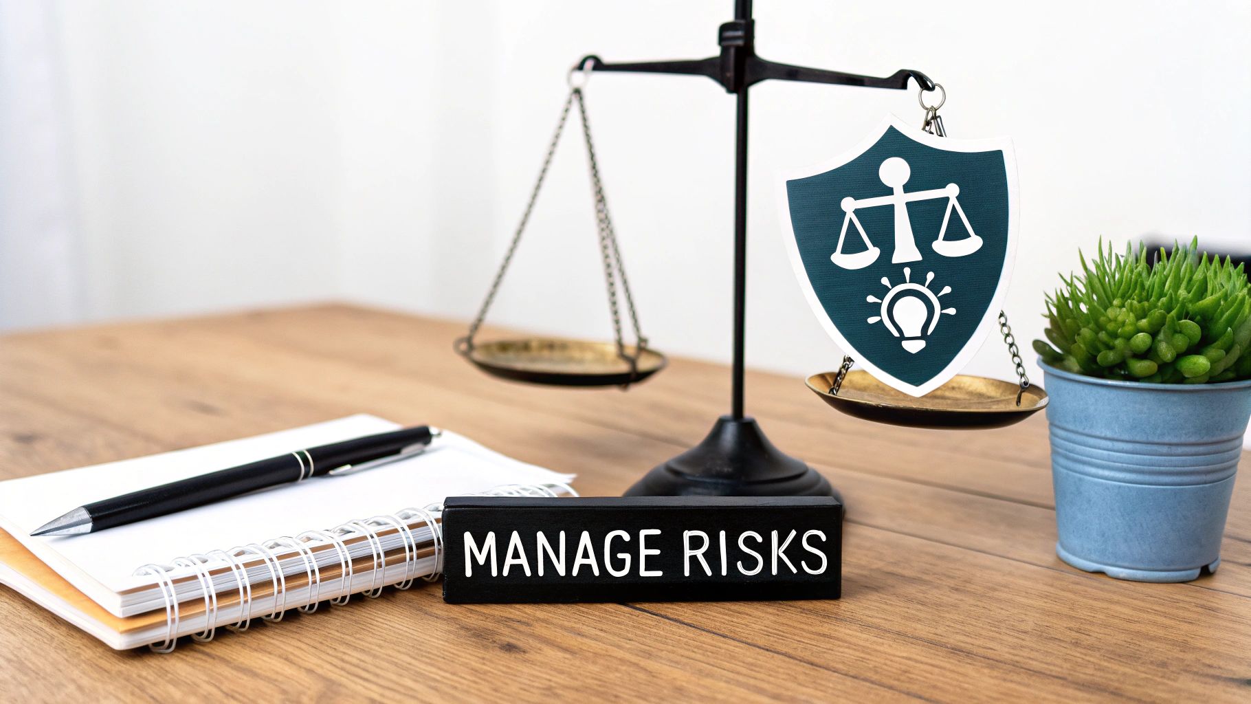 Desk with a scale of justice and 'MANAGE RISKS' block, symbolizing risk management strategies.