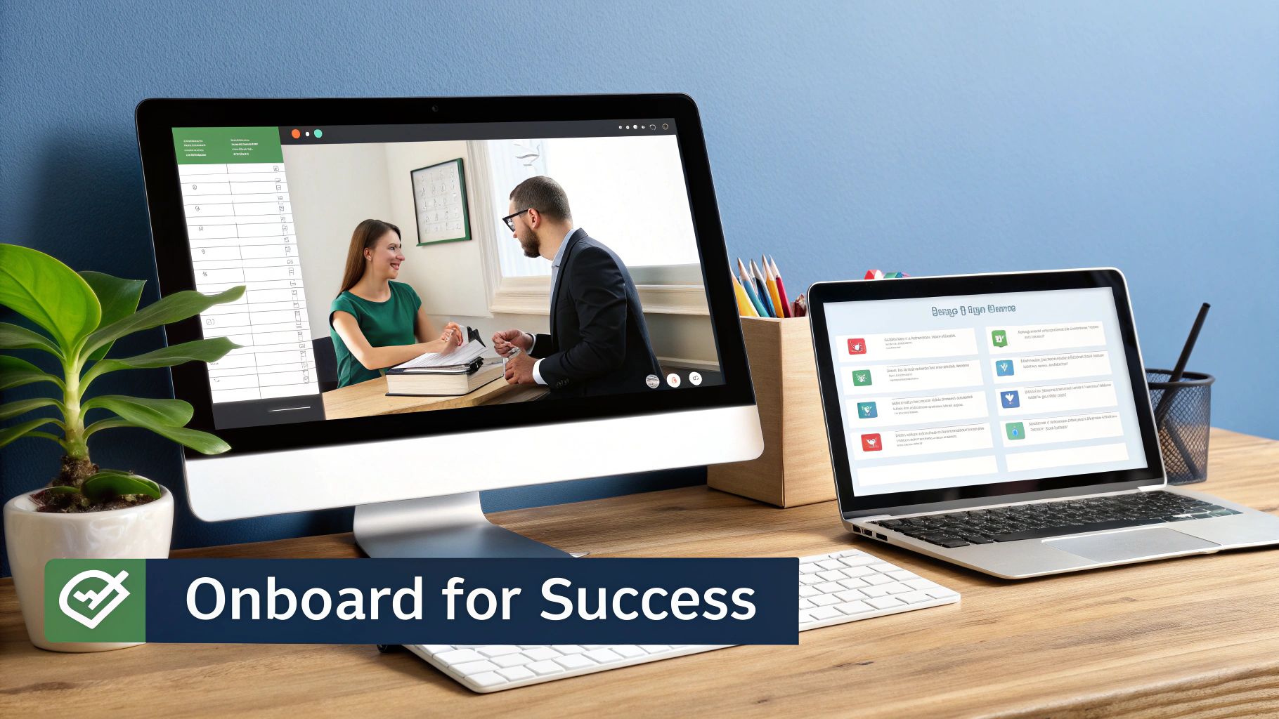 Professional video conference meeting displayed on desktop monitor with laptop showing onboarding workflow checklist