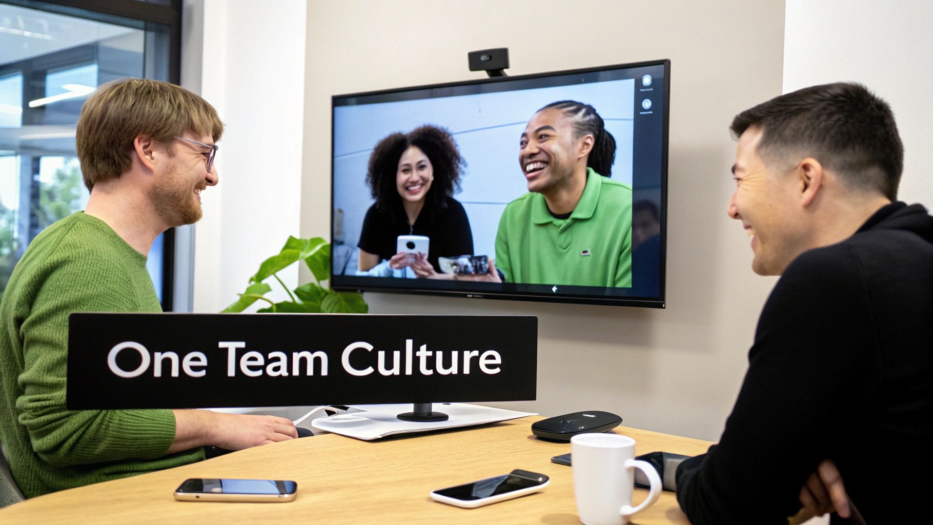 Two men in an office smiling during a video call with remote colleagues, emphasizing a "One Team Culture."