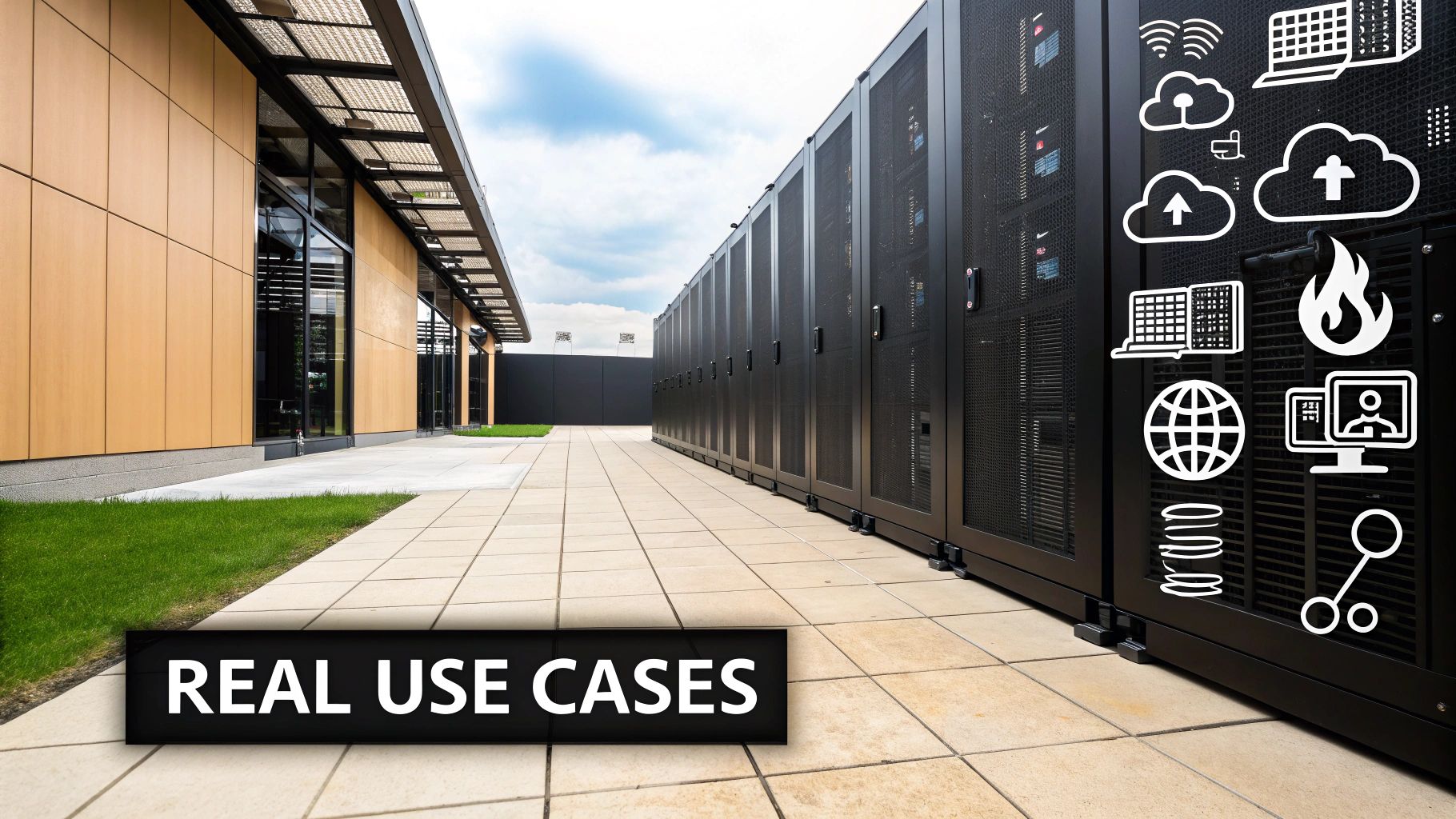 Modern data center facility with server racks and illustrative icons for real world technology applications.