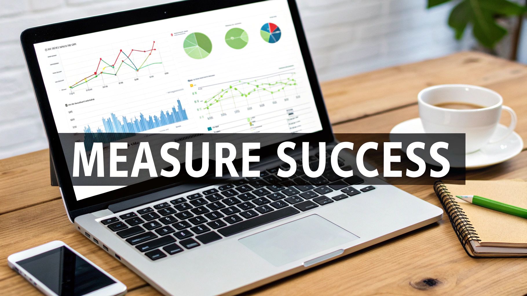 A laptop displays business charts and graphs with the text 'MEASURE SUCCESS' on a desk.