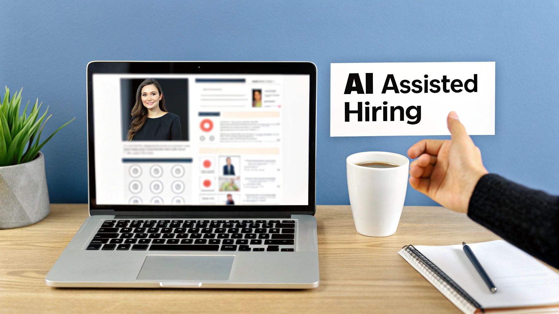 A desk with a laptop showing an AI-assisted hiring platform, a sign, coffee, and a notebook.