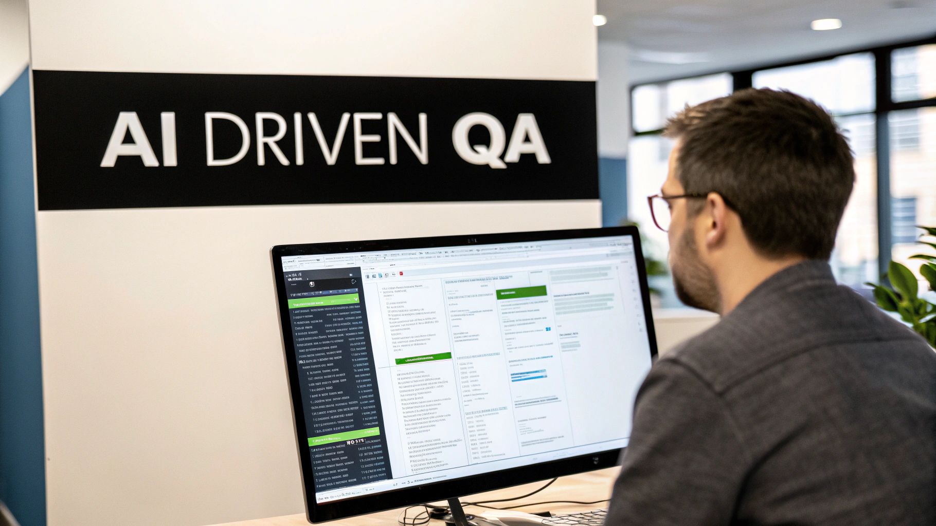 An abstract image showing network nodes and data flows, representing the integration of AI in quality assurance.