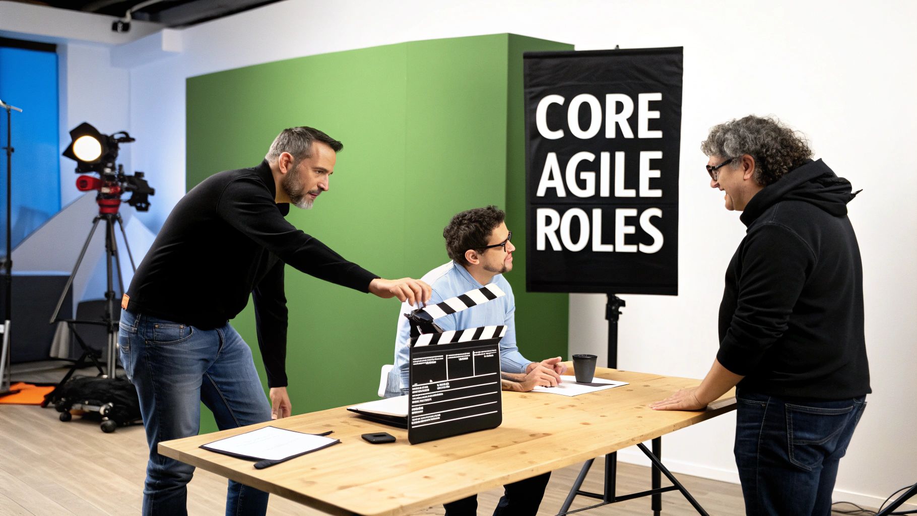 Three men discussing in a studio setting, with a clapperboard and &#39;CORE AGILE ROLES&#39; banner.