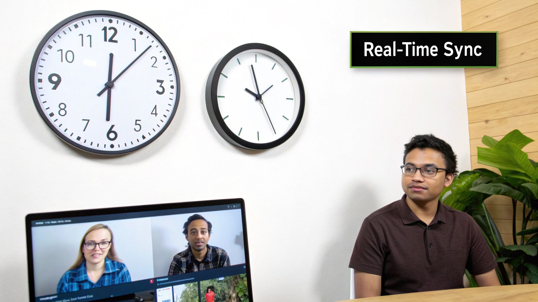 A person in a room with two clocks and a laptop displaying a video conference, demonstrating real-time sync.