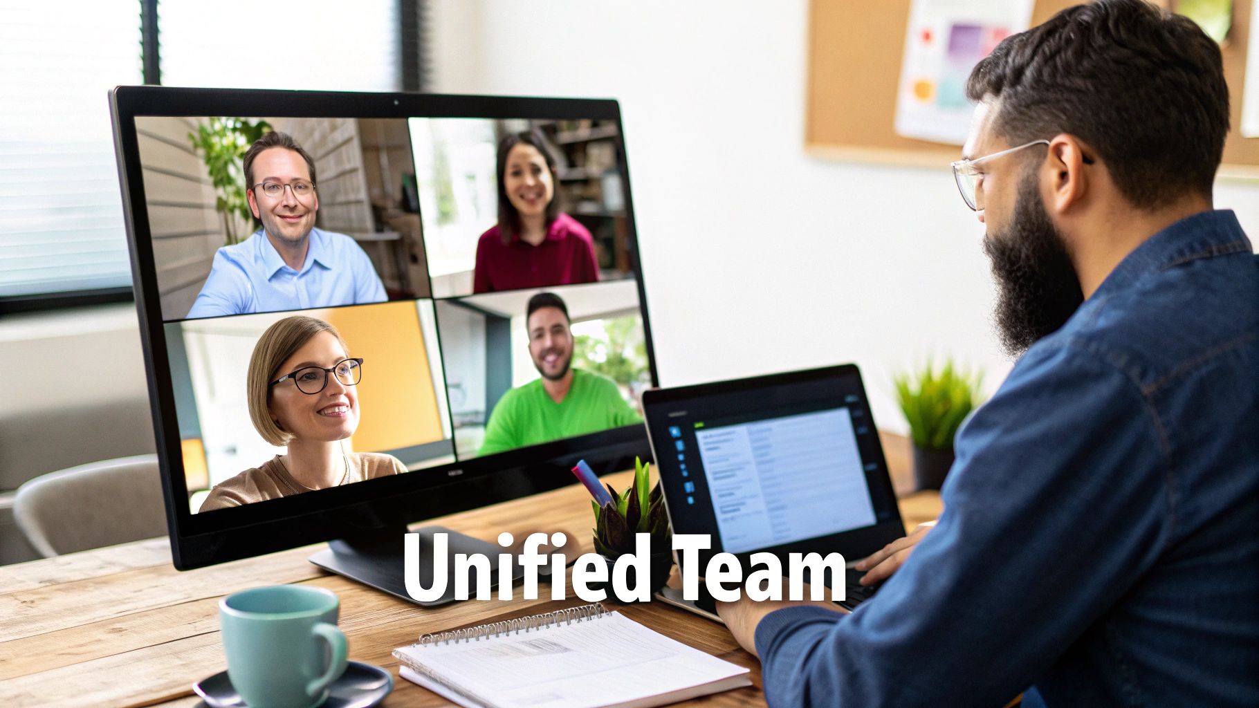 A man works on a laptop while participating in a video conference with his unified remote team.