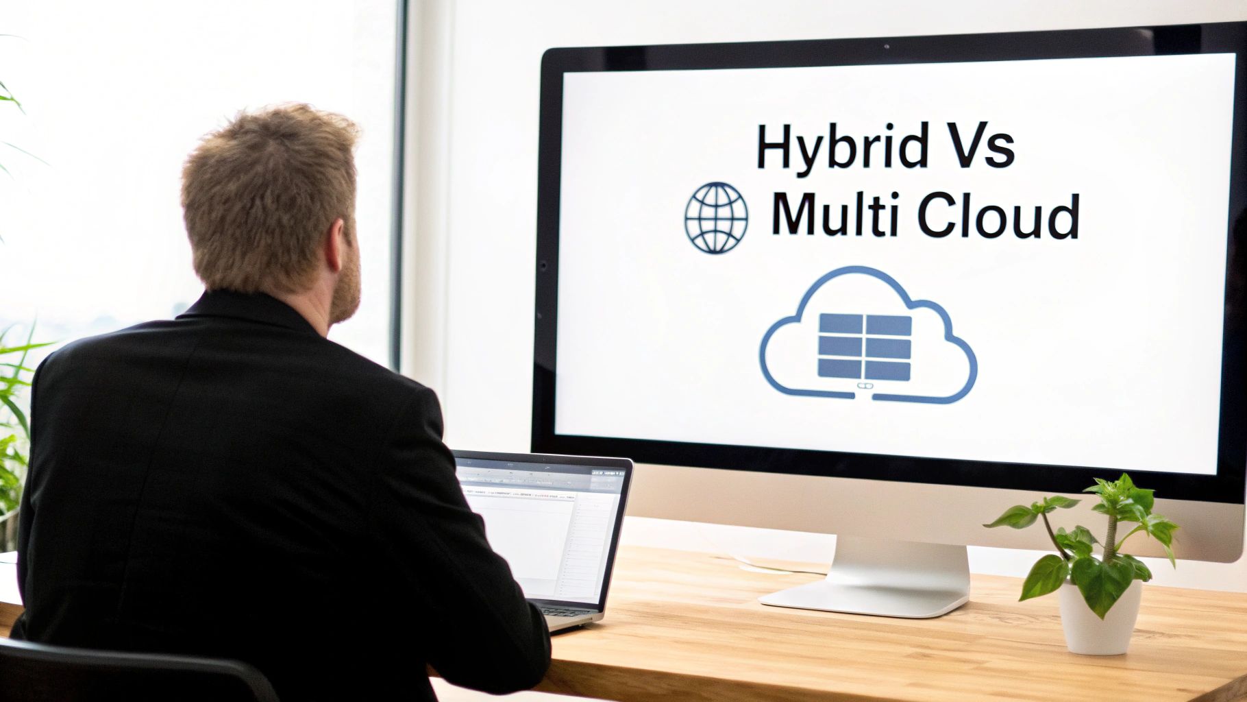 Man in a suit watching a monitor screen displaying 'Hybrid Vs Multi Cloud' cloud computing concepts.