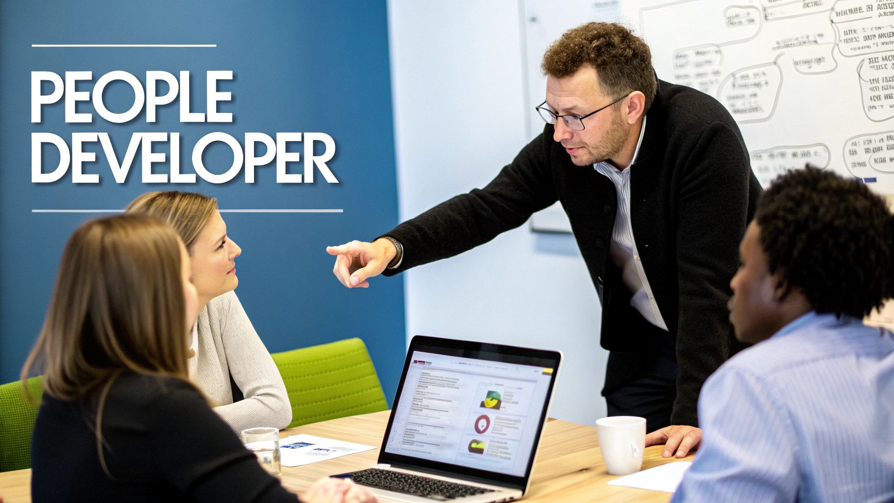 A manager strategically planning with sticky notes on a glass wall, symbolizing growth and development.